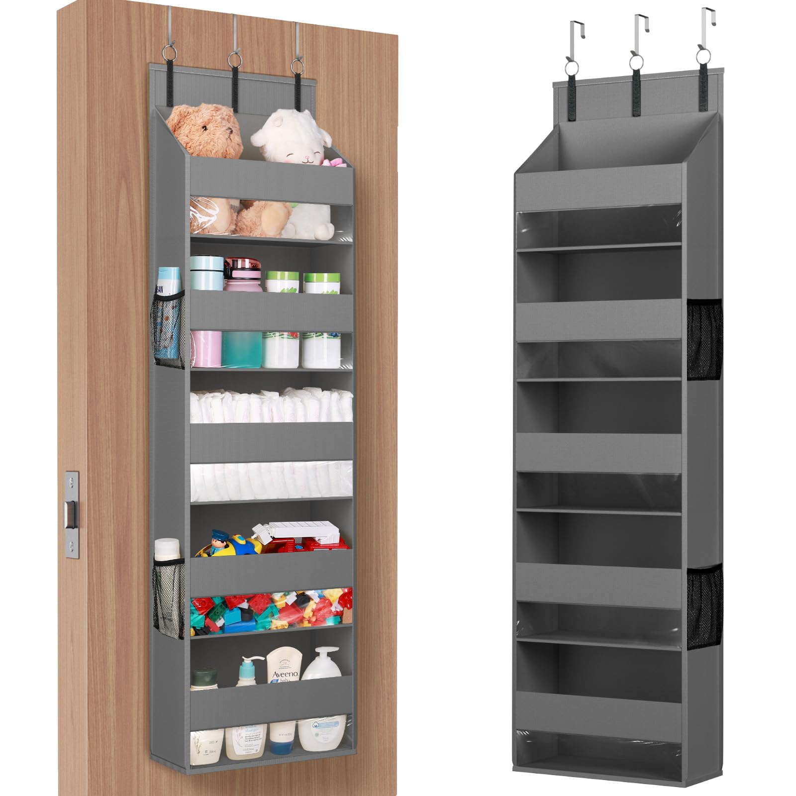Lifewit 1 Pack Over the Door Organizer, 5 Shelf Clear Window Hanging Storage with 4 Mesh Side Pockets, Anti Tilt 40 lbs Load Behind Door for Pantry, Nursery, Bathroom, Bedroom, Kitchen, Dorm, Grey