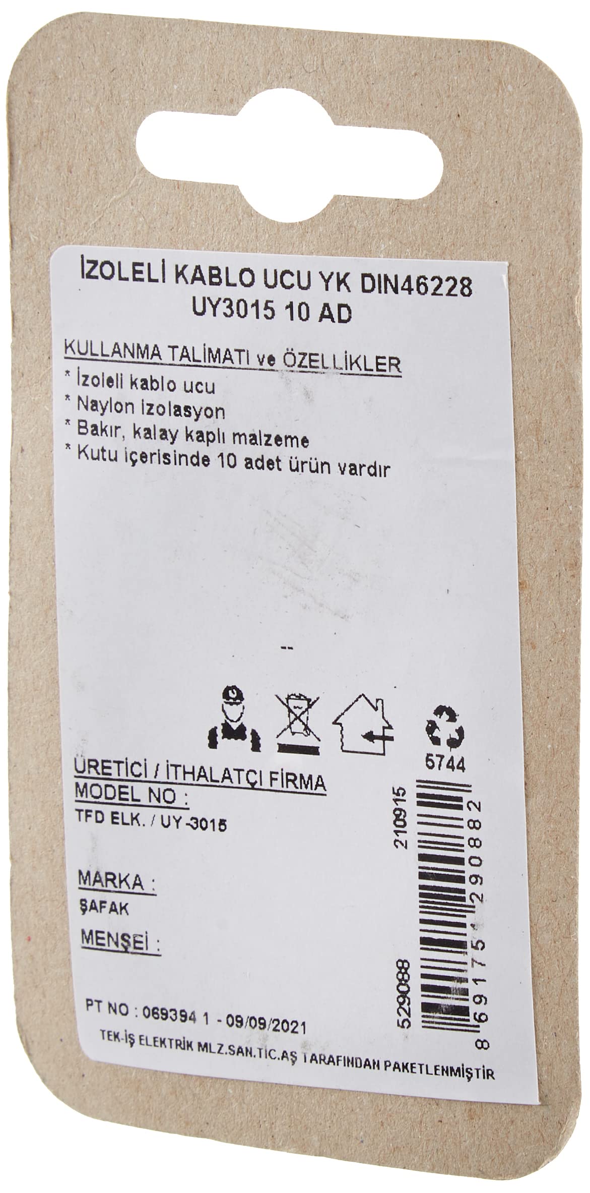 Tek-İş İzoleli Kablo Ucu Yk Dın46228 Uy3015 10 Adet, Gümüş/Siyah