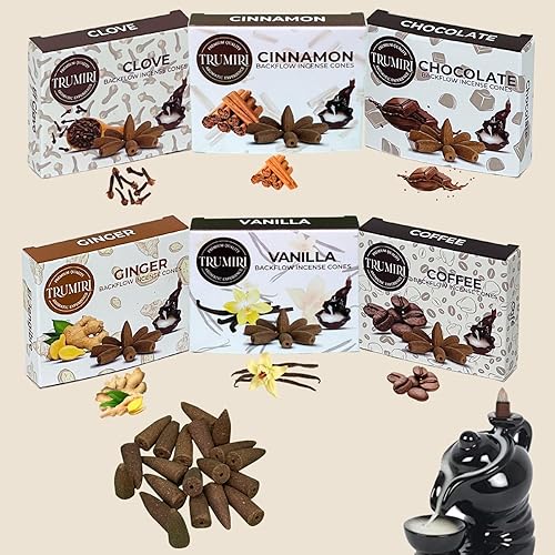 Miniatura 7 de Trumiri Conos de incienso gourmet de reflujo  Paquete variado  Total 60 conos de incienso cascada (6 aromas x 10 conos)  Vainilla, canela, café,