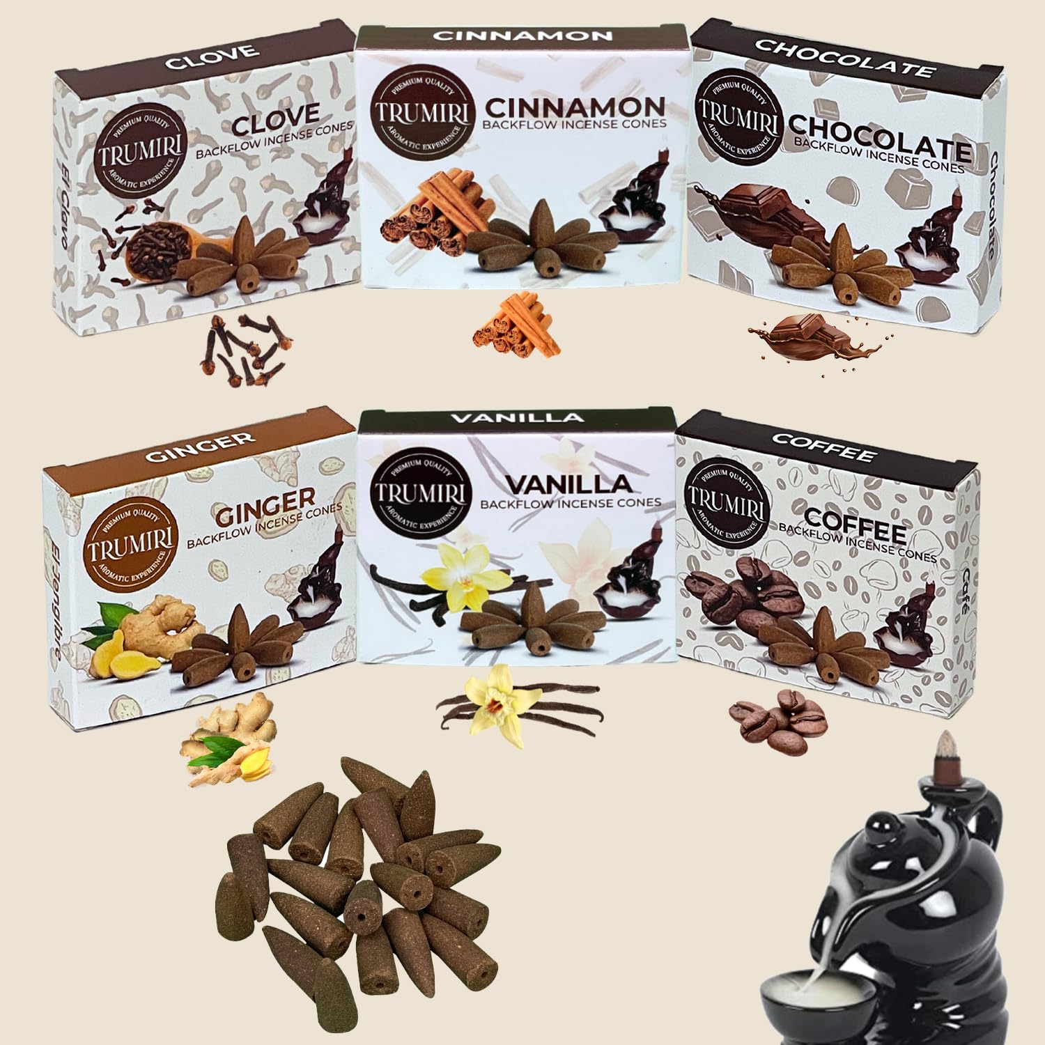 Trumiri Gourmet Rückfluss-Räucherkegel – Sortimentspackung – insgesamt 60 Räucherkegel Wasserfall (6 Düfte x 10 Conos) – Vanille, Zimt, Kaffee, Schokolade, Nelke, Ingwer – Räucherkegel