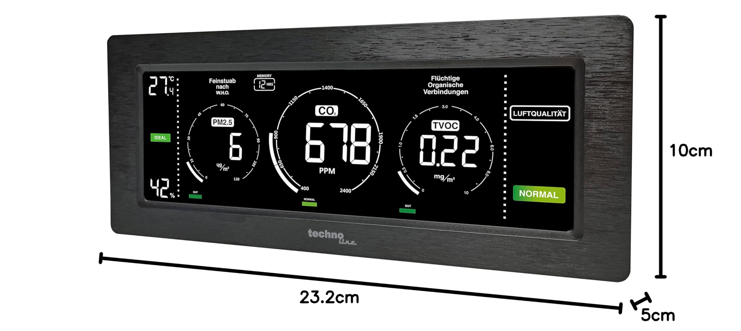 Techno Line Moniteur de qualité de l'air, Affichage coloré de la Concentration de CO2 et TVOC, Affichage des poussières Fines, Appareil de Mesure pour la qualité de Votre air intérieur