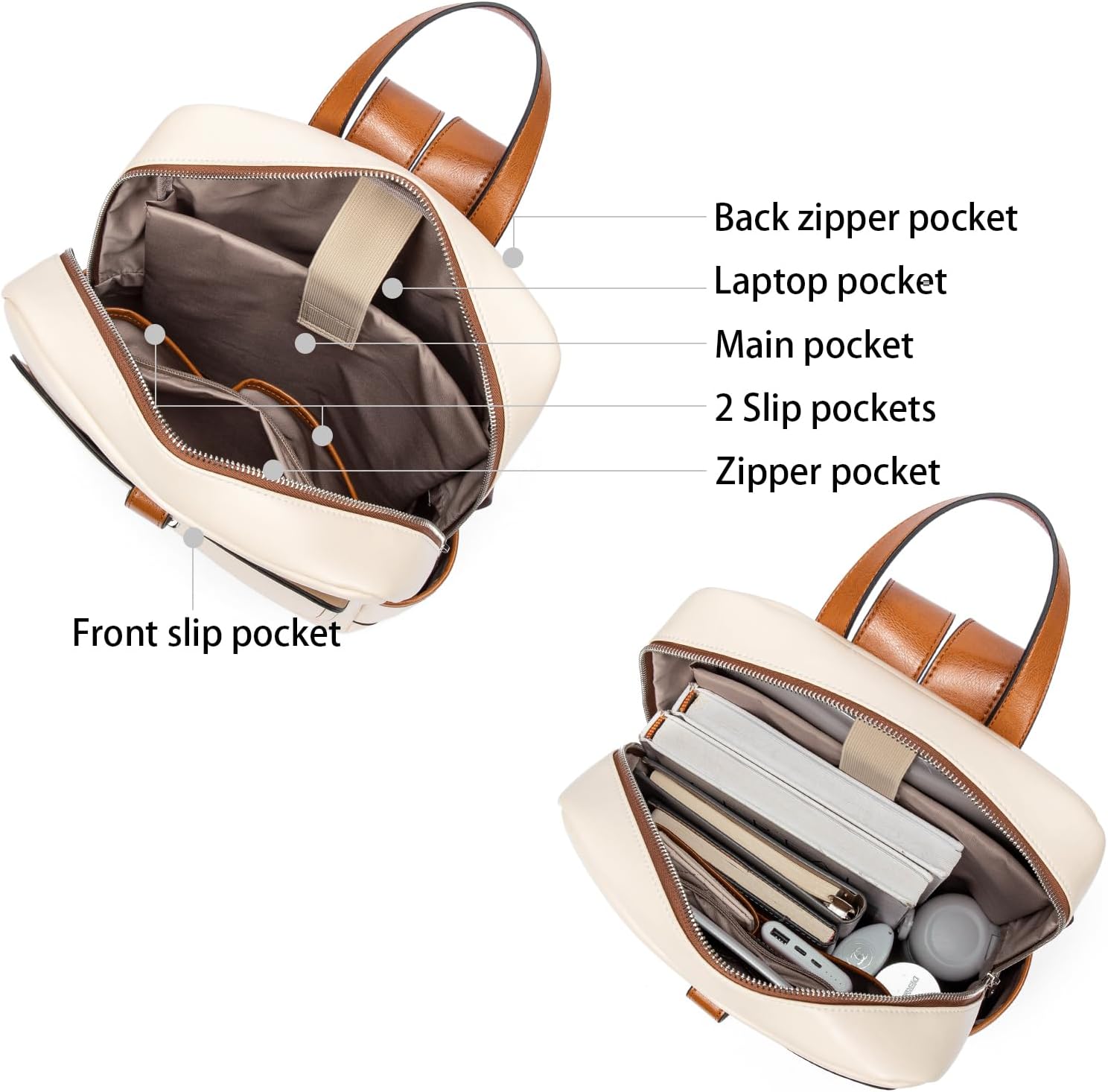 BOSTANTEN Leather Laptop Backpack for Women,15.6 inch Computer Backpack Purse College Daypack Work Travel Bag Beige-White - Image 4