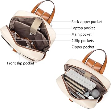 BOSTANTEN Leather Laptop Backpack for Women,15.6 inch Computer Backpack Purse College Daypack Work Travel Bag Beige-White