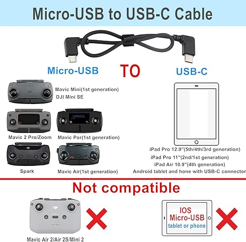 Miniatura 2 de Hanatora Cable de control remoto micro USB a USB C de 90 grados para DJI Mavic MiniAirMavic 2 ProZoomMavic ProPlatinoSpark Nylon Braised Phone