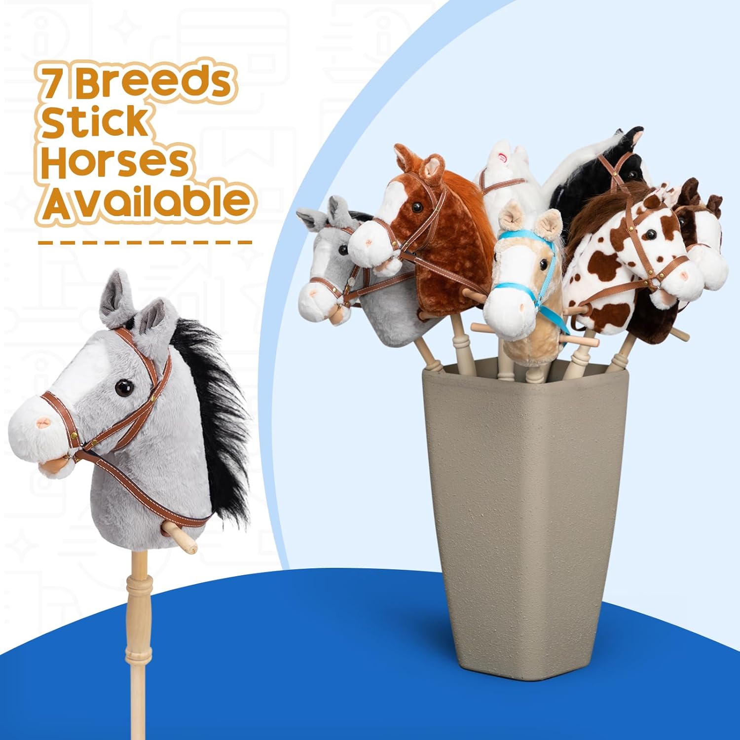 HollyHOME Stick Horse Plush Handcrafted Hobby Horse on a Stick with Wood Wheels Real Pony Neighing and Galloping Sounds for Kids Toddlers Grey 36 Inches(AA Batteries Required)