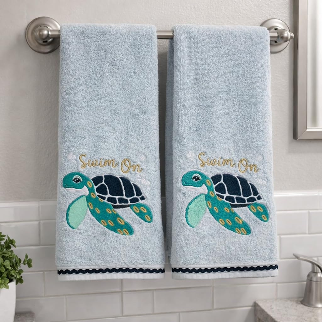 Serafina Home Coastal Bathroom Hand Towel - Set of 2 100% Cotton Light Blue Embroidered Turquoise Design - 16 x 25 Bath & Kitchen Décor