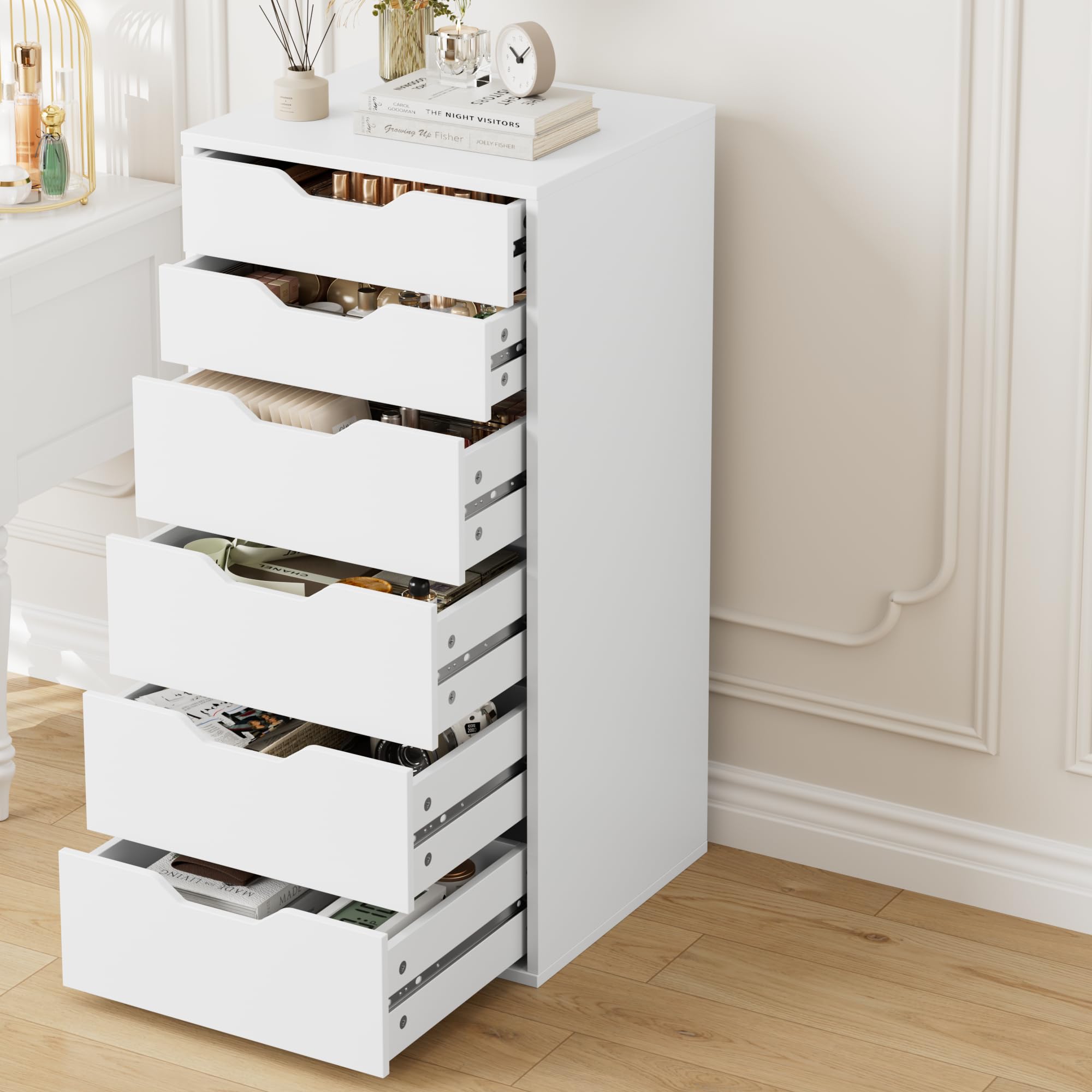 FOREHILL Cassettiera a 6 Cassetti, Cassettiera Camera da Letto Bianca, Comò con Cassetti Comodino in Legno, per Soggiorno, Camera da Letto, Corridoio, Cucina 40 x 45 x 90.5cm (Bianco)