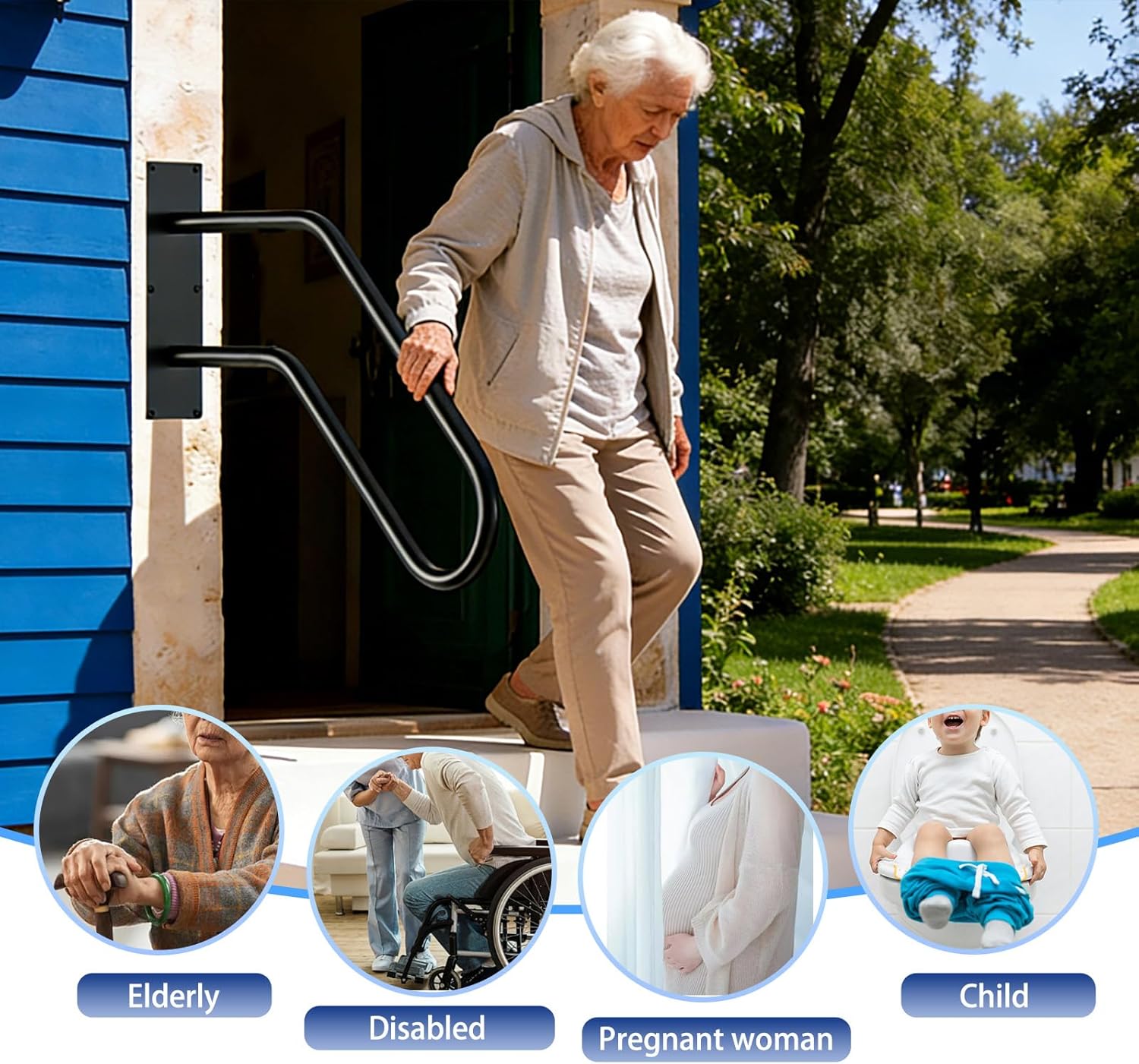 Handrail for Steps, U-Shaped Wall Mount Stair Handrail Grab Bar for 1-3 Steps, Safety Support Rail for Elderly, Porch, Garage, Garden, Entryway Indoor Outdoor Staircase, Black