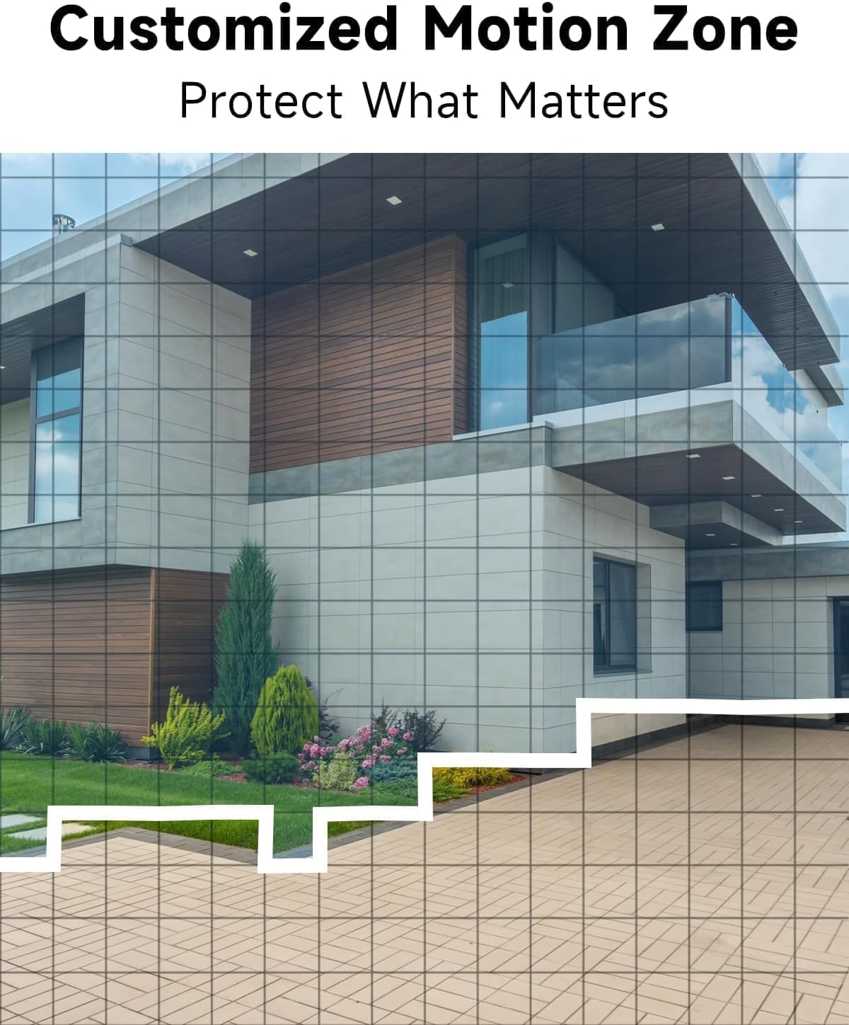 Rraycom security camera mounted on an exterior wall of a house, showing a grid overlay for customized motion zones.