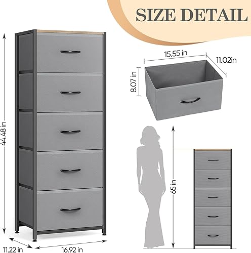 Miniatura 3 de MOOACE Cómoda de 5 cajones para dormitorio, cajones altos de almacenamiento de tela, unidad organizadora de torre con parte superior de madera para