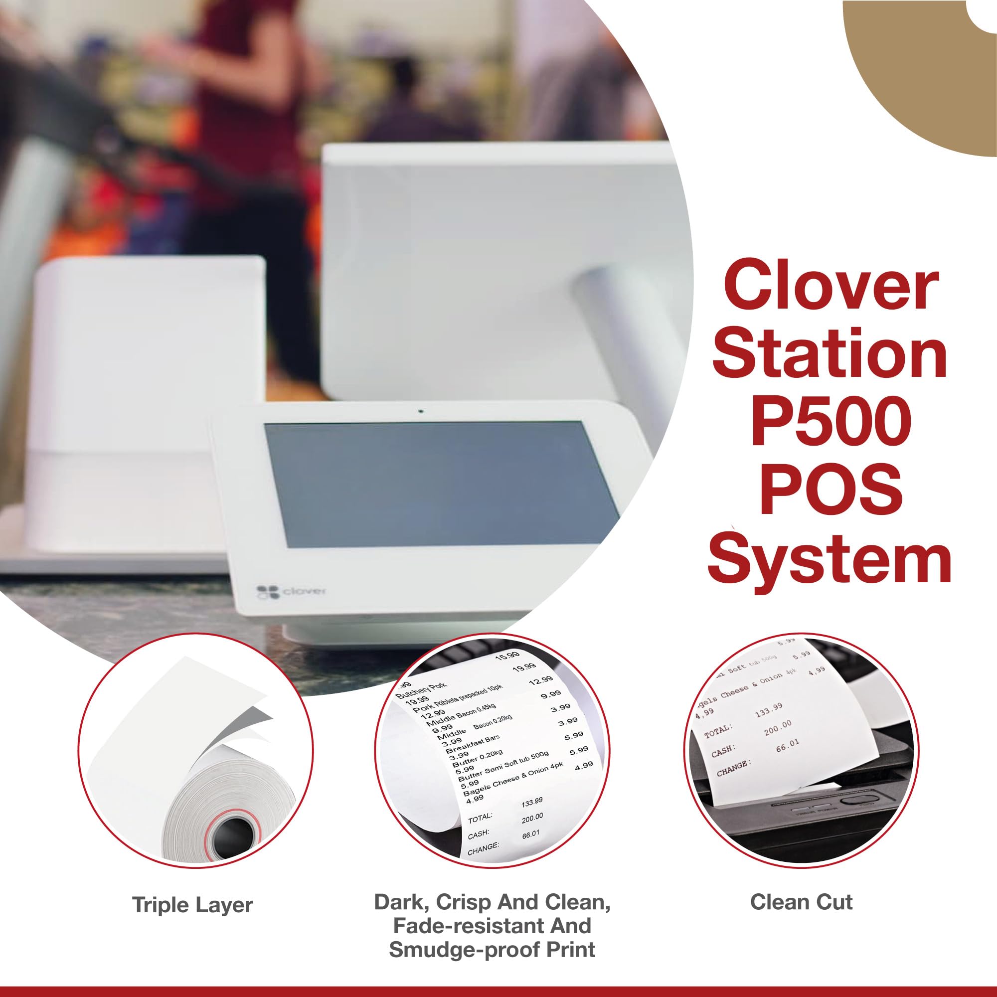 10 rollos de papel de recibo de trébol de 3 1/8 pulgadas x 230 pies, sin BPA, rollos de papel térmico para impresora Clover POS Station P100, P500, P550