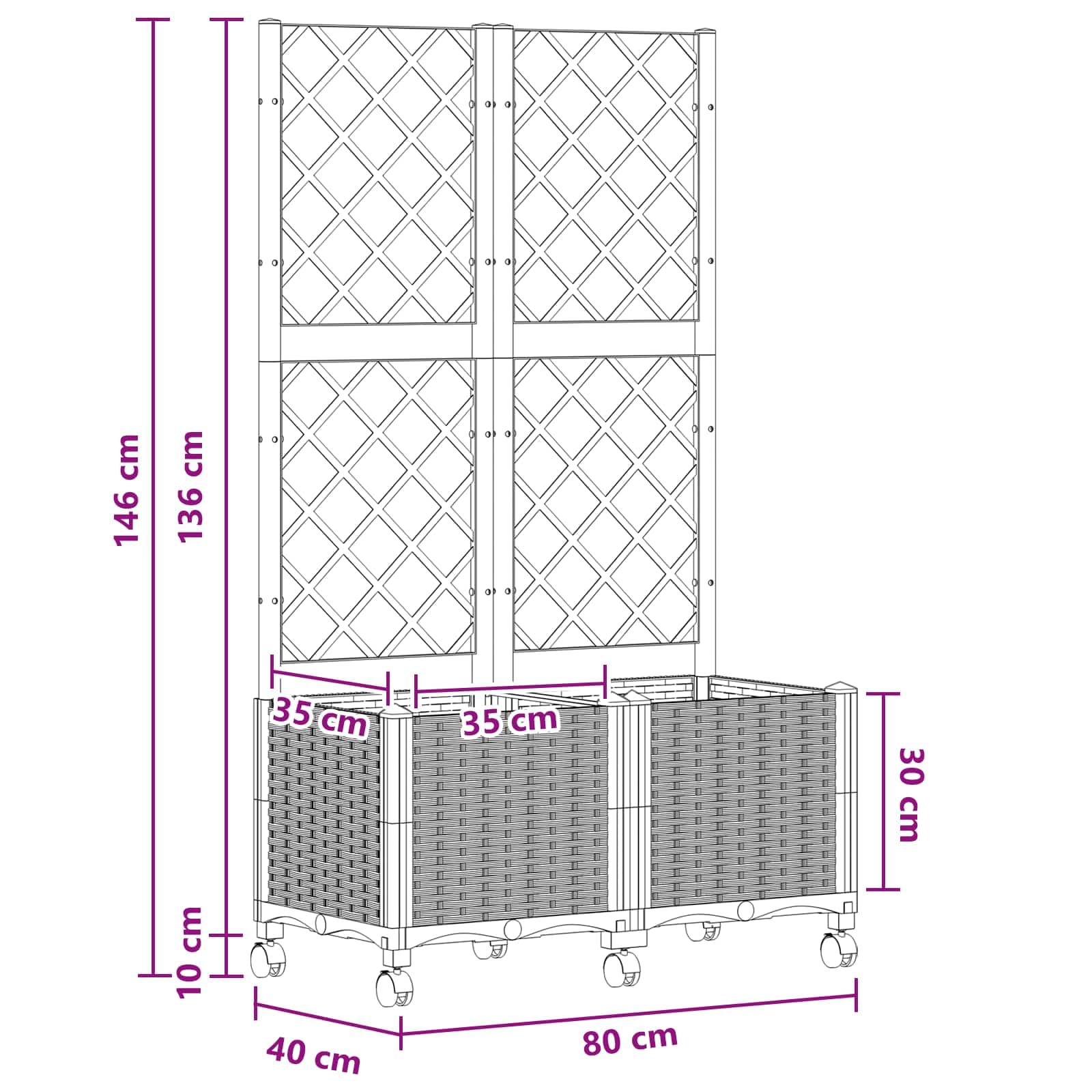 Pflanzkübel mit Spalier und Rollen, fahrbares Hochbeet mit Rankgitter aus PP, Blumenkasten für Kletterpflanzen auf Terrasse und Balkon, Braun, 80 x 40 x 146 cm
