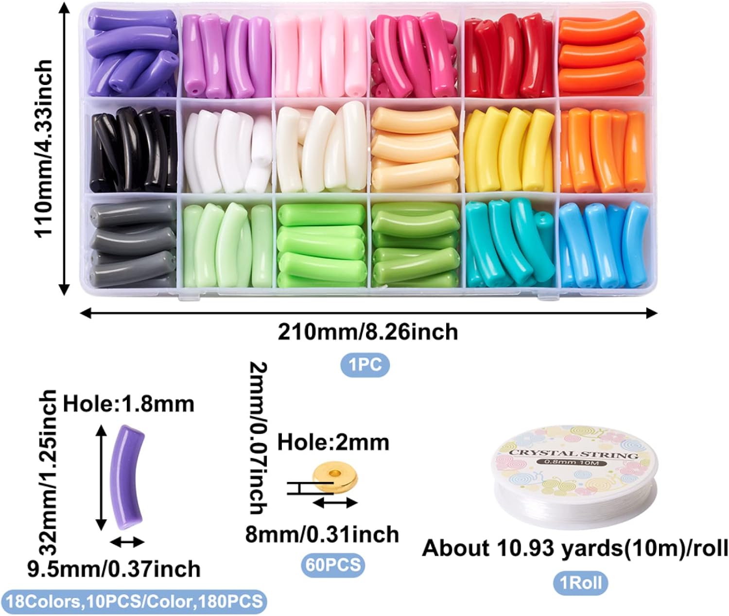 FASHEWELRY 180Pcs Colorful Bamboo Tube Bangles Bracelet Chunky Acrylic Stacking Curved Tube Beads with Disc Spacer Beads Elastic Crystal Thread for DIY Jewelry Making