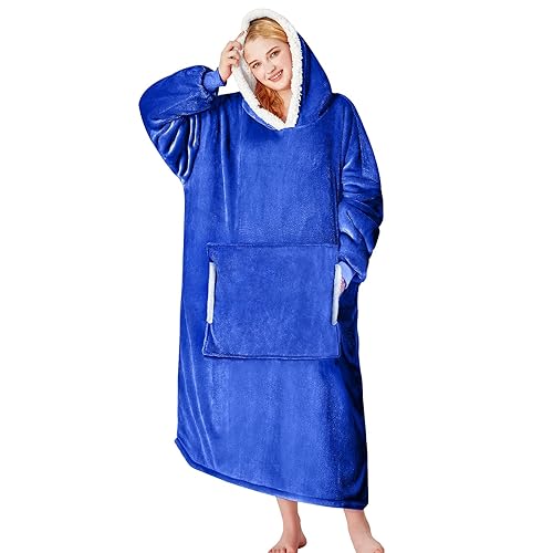 yescool Wearable Blanket Hoodie, Flannel Sherpa Fleece Blanket Sweatshirt for Adults Women Men,One Size Fits All - Klein Blue - oversized