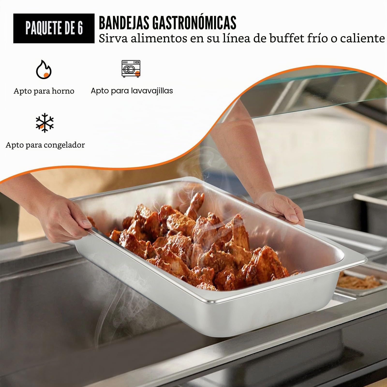 VEVOR 6 Bandejas Rectangulares de Acero Inoxidable, 13 L / 13,7 Cuartos, Unidades Bandeja Honda Rectangular para Servir, Bandeja Profunda, Bandeja de Acero Inoxidable, Bandeja para Arroz al Vapor