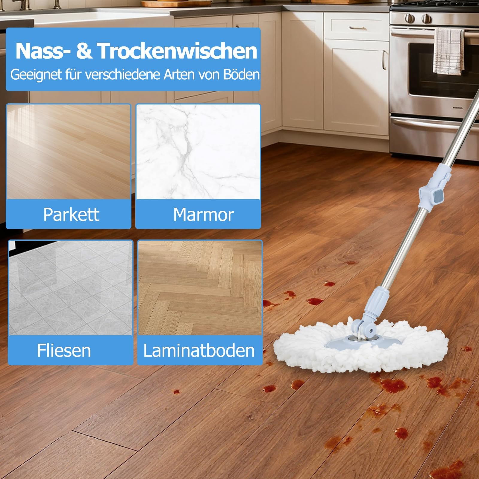 FANTASK Wischmopp und Eimer, Mopp und Eimersystem mit Auswringfunktion, Abwassertrennung, 360° rechteckigen und runden Wischköpfe, komplettes Wischset für Nass- und Trockenreinigung (Blau)