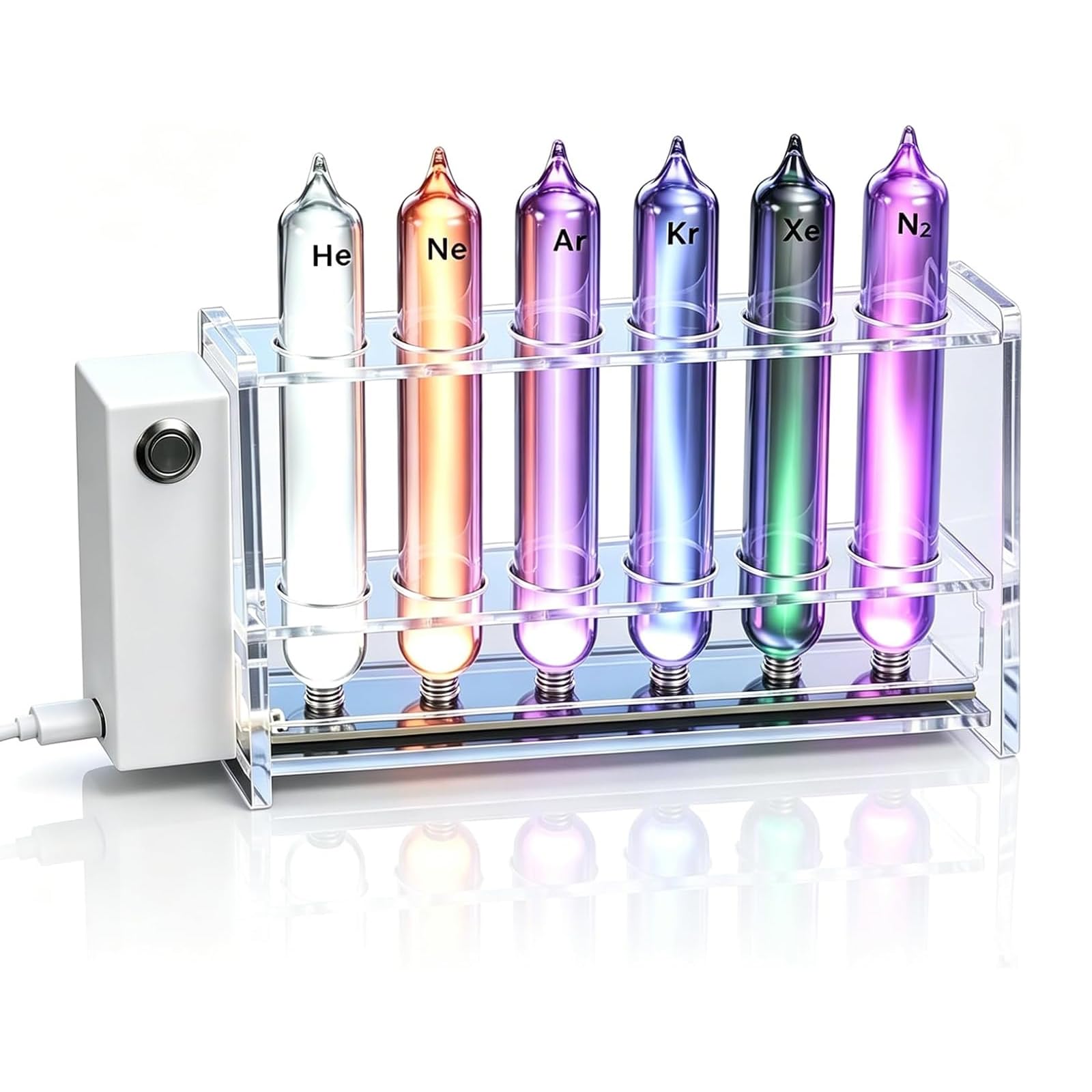 Juego De Tubos Luminiscentes De Gases Nobles, 6 Tubos De Vidrio De Gases Raros, con Base De Excitación, Juego De Demostración De Luminiscencia De Gas Inerte, 99,999% De Pureza Y Sellado Al Vacío,