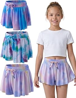 1 or 3 Pack Youth Girls Flowy Shorts with Spandex Liner & Pockets | 2-in-1 Athletic Butterfly Shorts for Kids, Teens, Running Dance Gymnastics