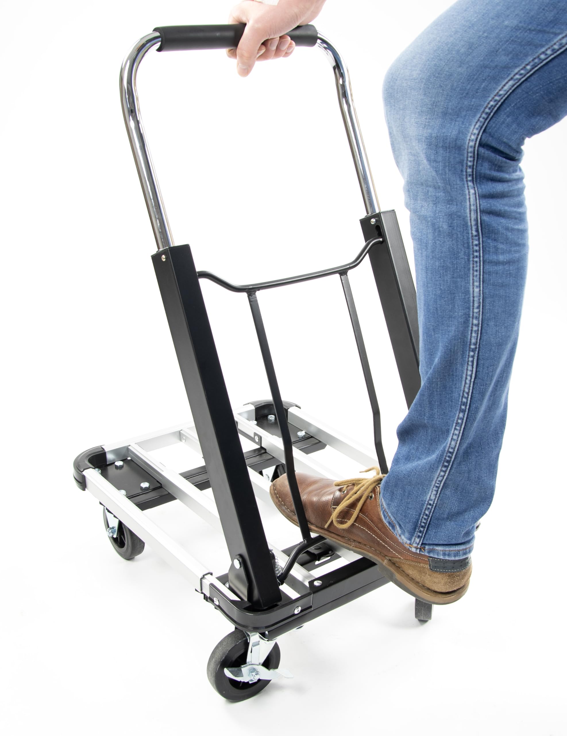 HEMMDAL Transportwagen mit offener Schaufel | 150 kg Tragkraft | HxB 95 x 42 cm | 71 cm Schaufeltiefe | faltbar | aus Stahl | Teleskop-Bügelgriff | Schwarz | platzsparend | Klappkarre