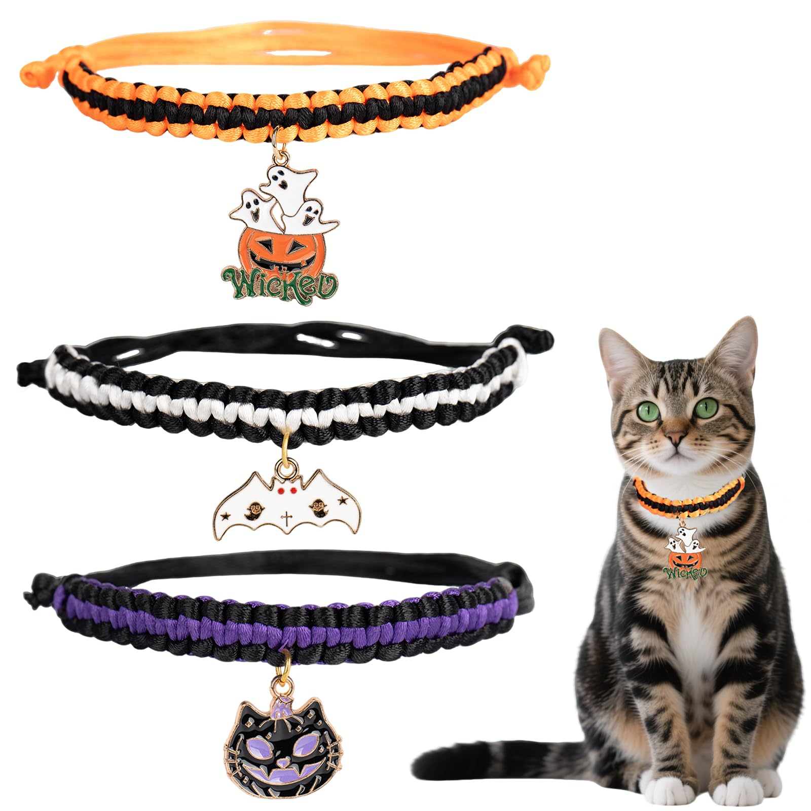3pcs Halloween Cat Collar Adjustable 15-38cm, Woven Kitten Collars with Bell & Halloween Charms (Bat, Pumpkin, Ghost)