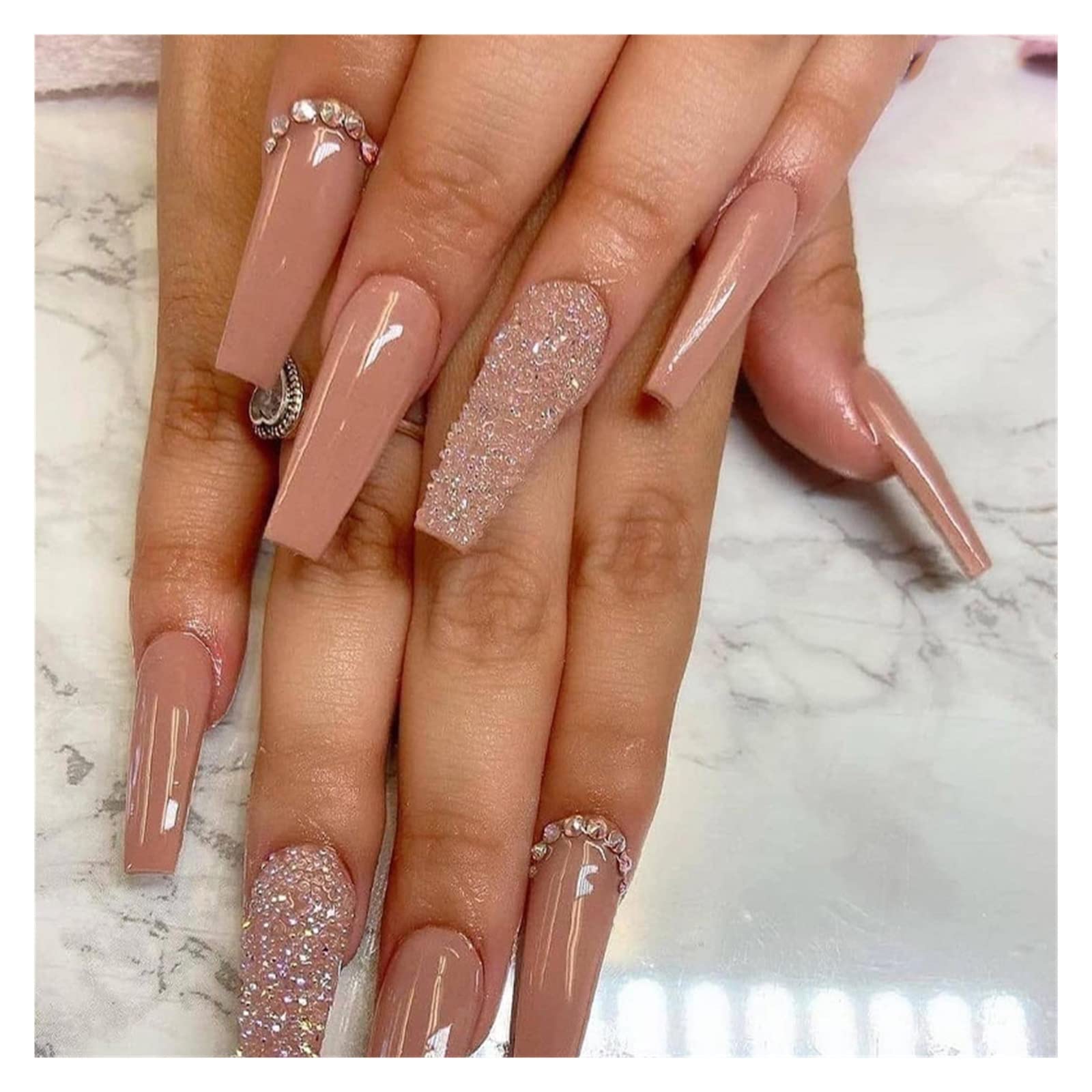24 Stück rosa französische künstliche Nägel, langes Ballett-Strass-Design, falsche Nägel zum Aufdrücken, vollständige Abdeckung, Acryl-Nagelspitzen, Maniküre-Set, Korea,