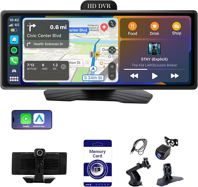 Haudio Car Audio portatile per Apple Carplay wireless e Android Auto, schermo touch portatile wireless con telecamera di backup con Bluetooth WiFi,Controllo vocale,FM,AUX,Mirror Link (10.26 pollici)