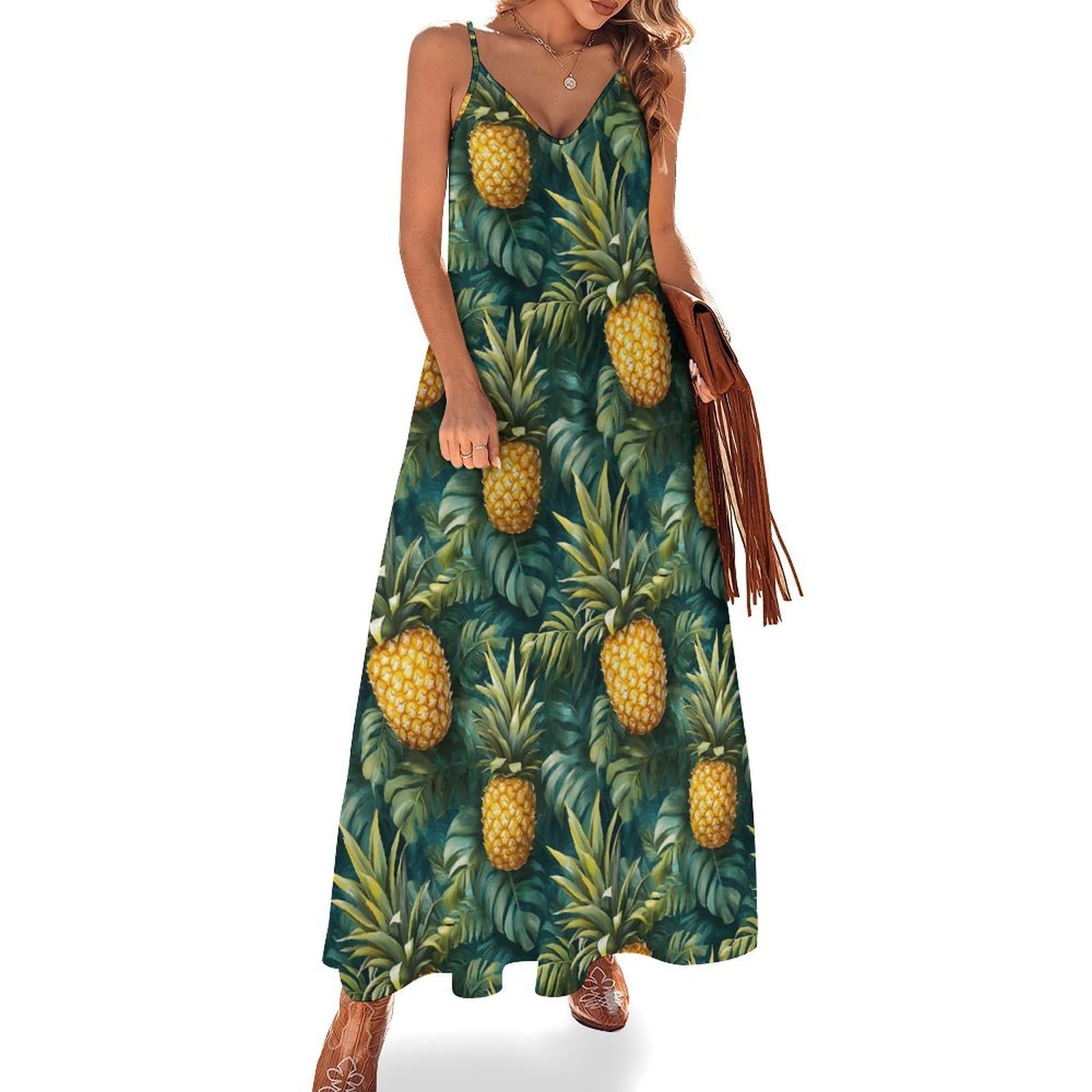 peiyeety Green Tropical Pineapples Print Summer Maxi Dresses for Women 2025, Casual Spaghetti Strap Long Beach Sundresses