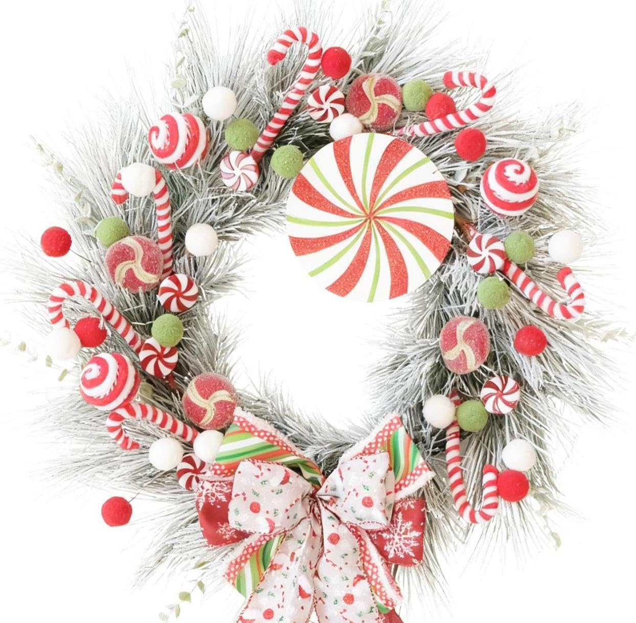 24-inch Christmas Wreath Handcrafted White Pine Needle Red Soft Candy Ball Bow Wreath Christmas Front Door Fireplace Corridor Decoration Winter Festival Party Wedding Office Decoration