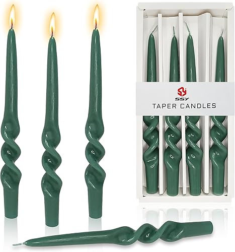 Velas de Navidad en espiral, 4 unidades, velas trenzadas, color verde oscuro, velas cónicas sin perfume, de 9.5 pulgadas, sin humo, para vacaciones,