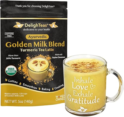 DelighTeas Leche dorada orgánica en polvo con taza de té inspiradora, especias ayurvédicas para café con leche de cúrcuma dorada, batido, cocina,