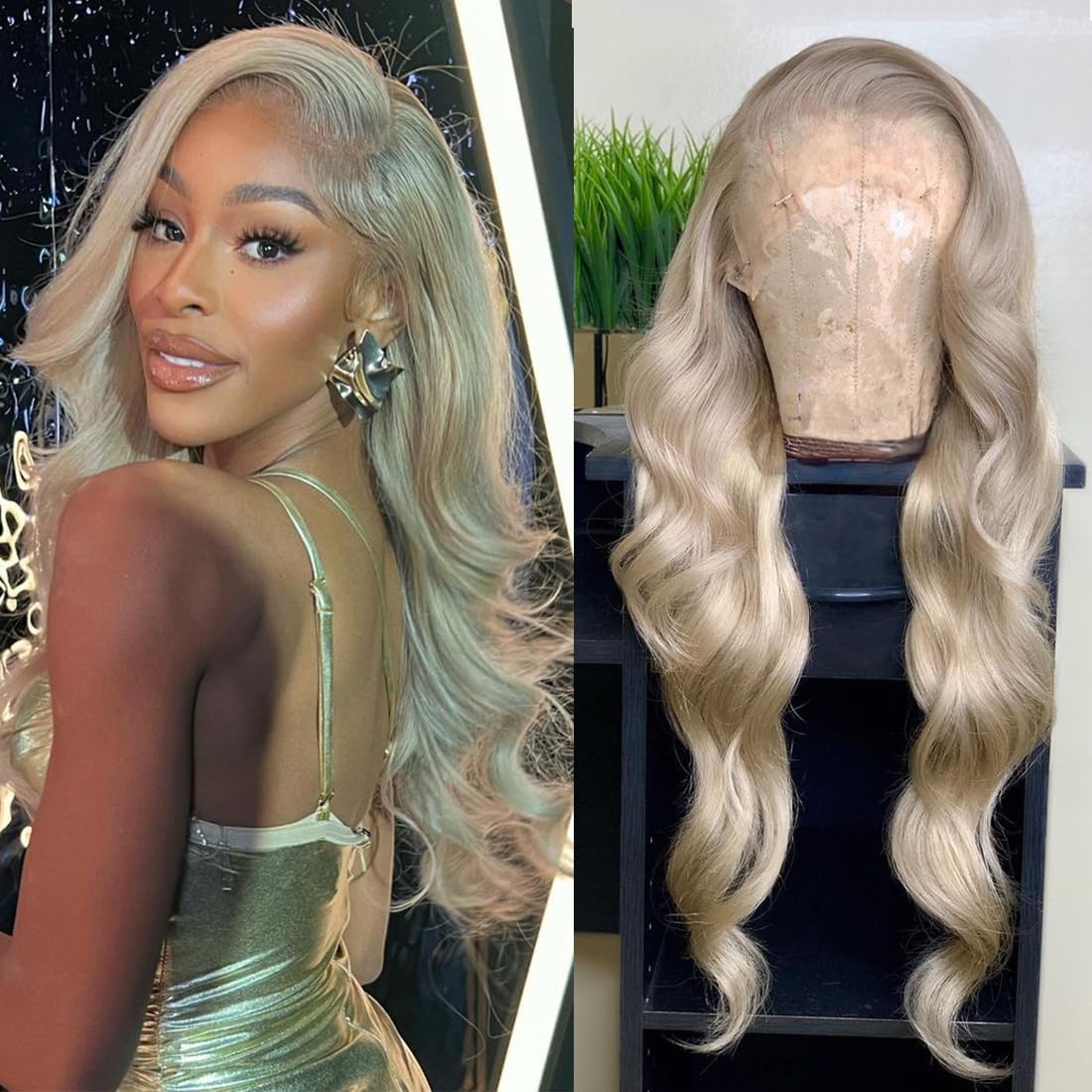 Msviki Champagne Golden Body Wave Lace Front Wig For Women Ash Grey Blonde Human Hair Wigs 13X4 HD Transparent Lace Frontal Wig 180% Brazilian Hair 22Inches