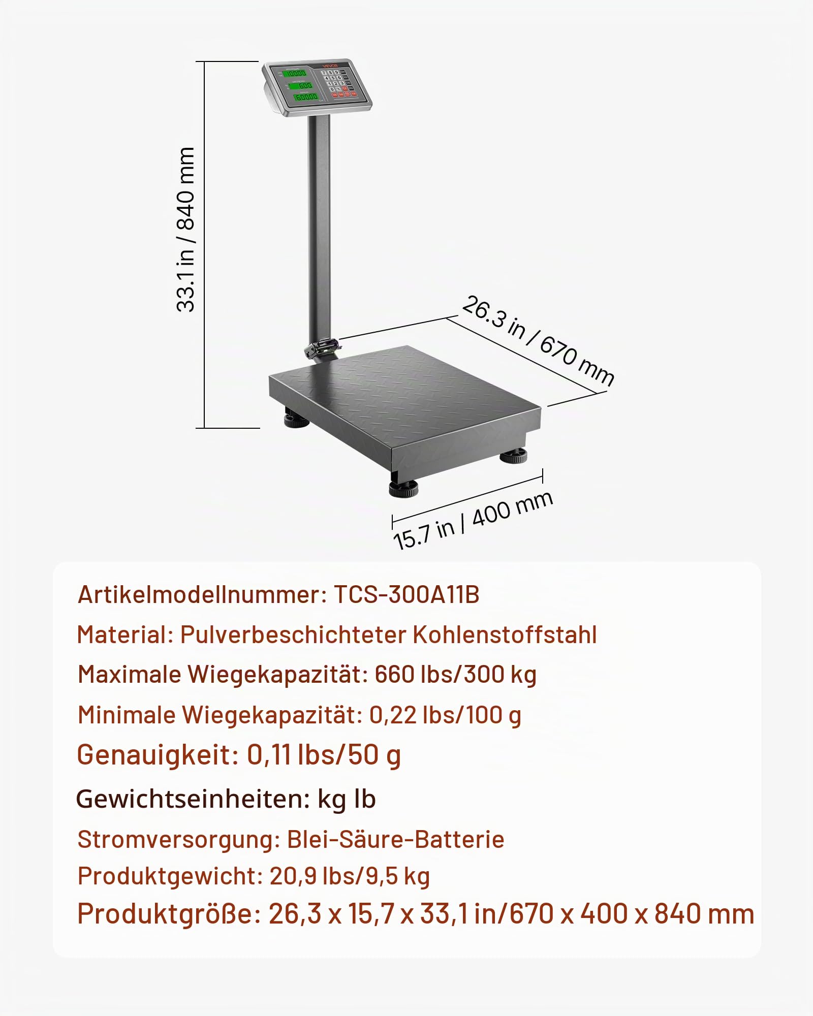 VEVOR Digitale Plattformwaage, 300 kg Tragkraft, 50 g hohe Genauigkeit, elektronische Bodenwaage mit LB/KG, Tara, Preisrechner, AC/DC-Stromversorgung, geeignet für Gepäck, Versand, Pakete, Porto