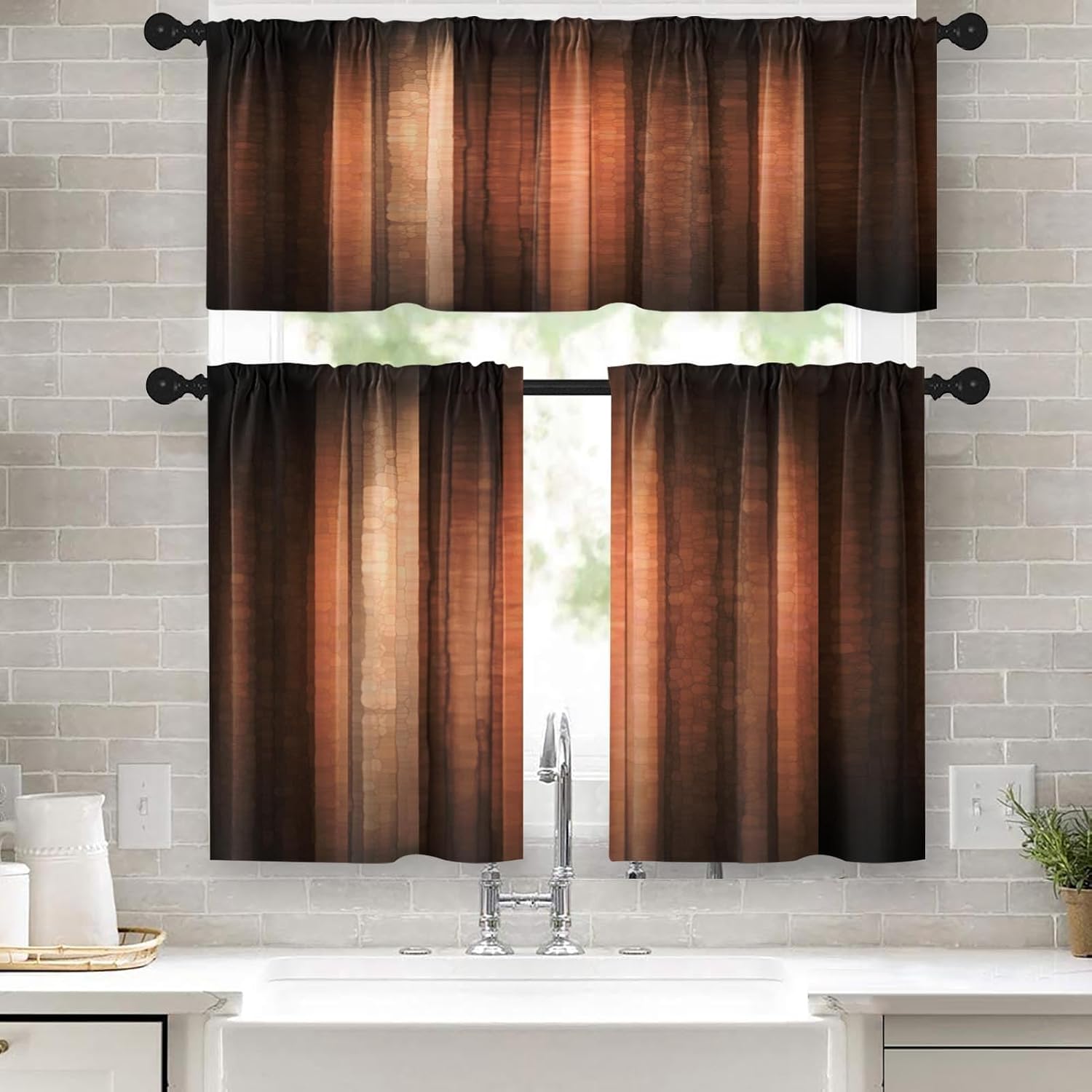 Emvency 36 Inch Kitchen Curtains Brown Orange Copper Window Curtains and Valances Set of 3, Abstract Glass and Vintage Stripe Design Short Tier Curtain, Vintage Small Kitchen Decor