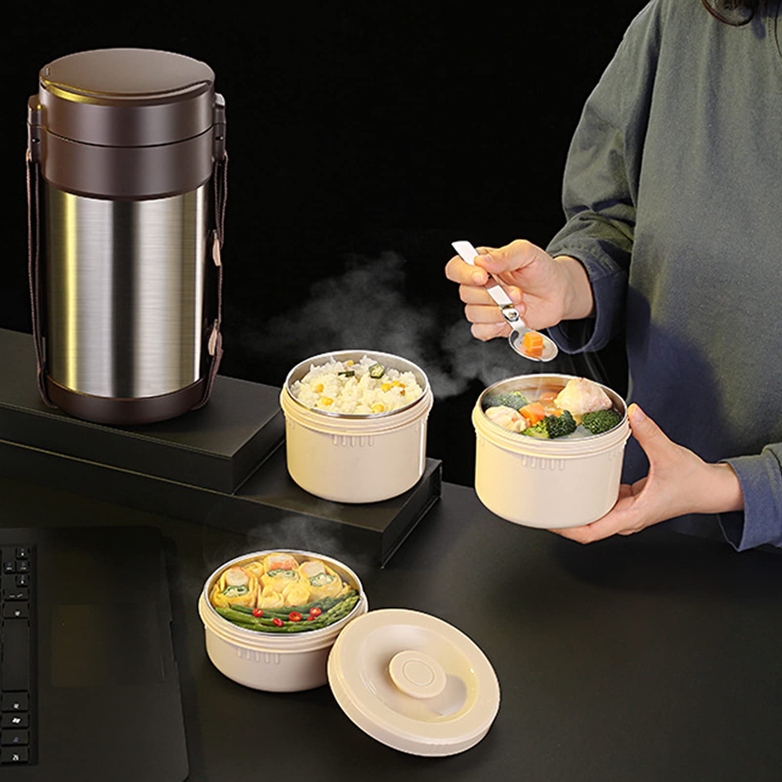 Edelstahl Thermo-Lunchbox 3 Etagen Isolierung Lebensmittelbehälter,Stapelbar Isolierbehälter Box Speisenwärmer für Essen Babynahrung Suppe Brei Obst,mit Löffel und Lunchtasche,2.3L + 3 Layers