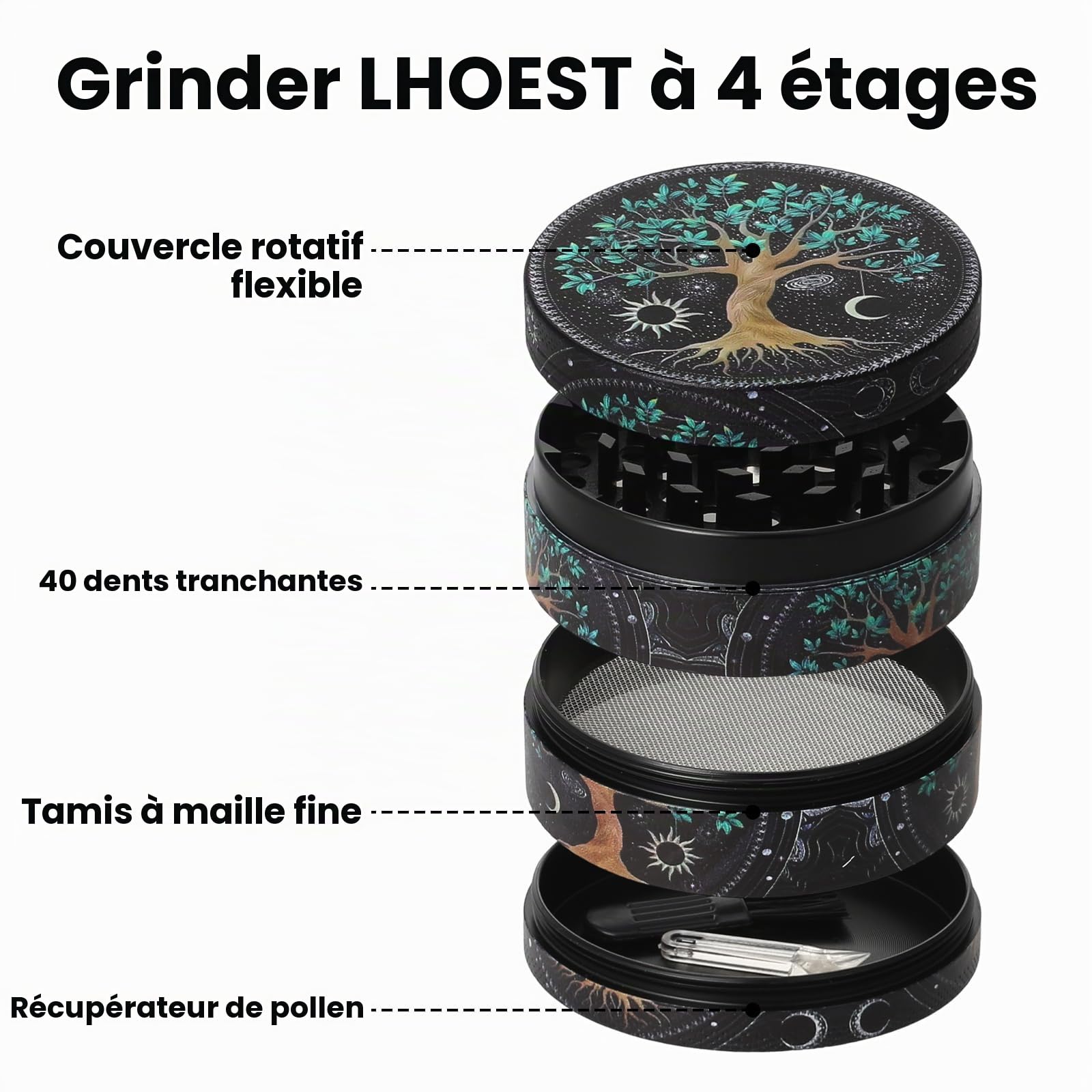 Grinder Effriteuse, Grinder metal pour moulin a sel epices poivre, Grand broyeur 63 MM avec grattoir et brosse en plastique (Motif d'arbre)