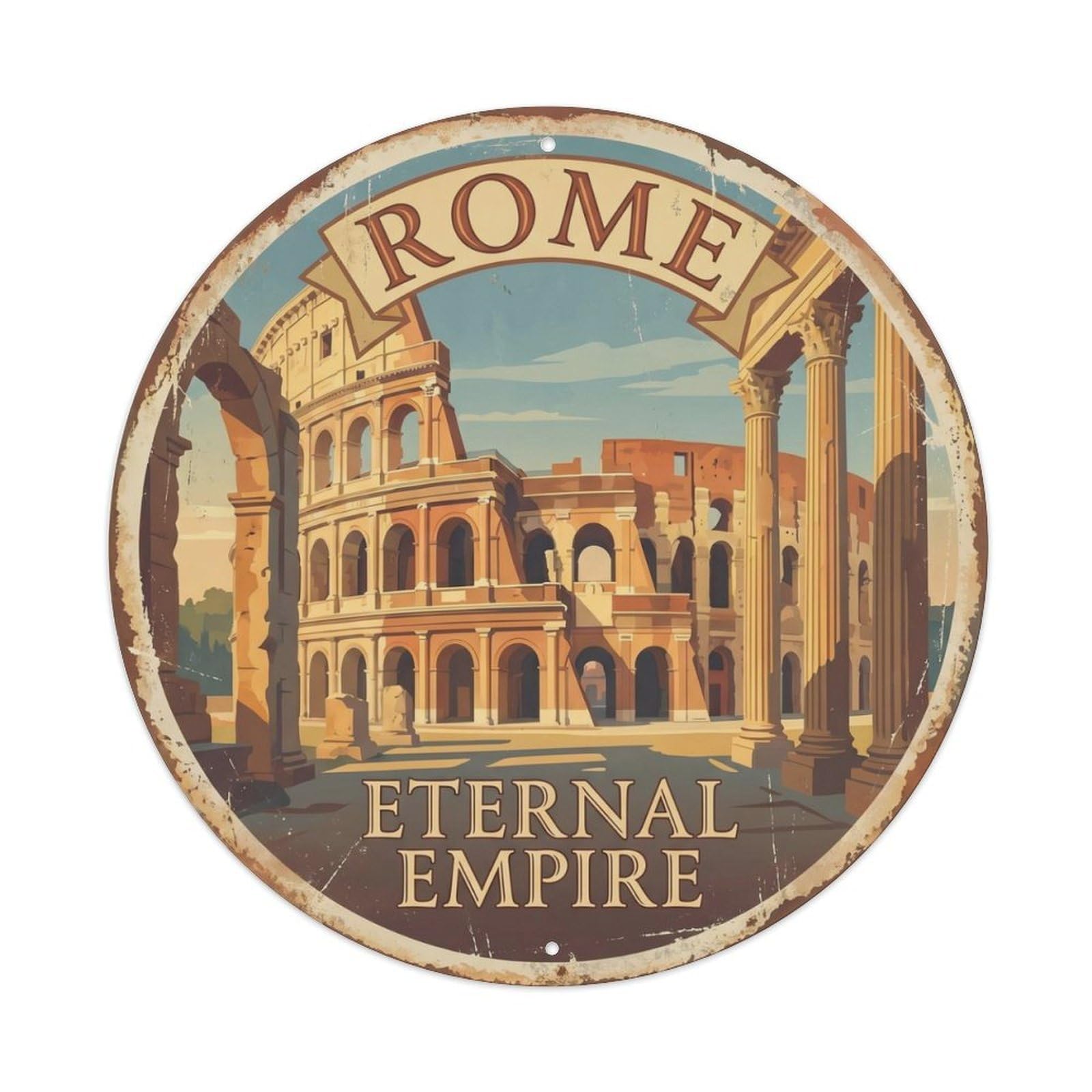 Vintage Travel Colosseum Rome Italy Metal Tin Sign Plaque Wall Decor for Cafe, Club, Garden Round Metal Poster 8x8Inch
