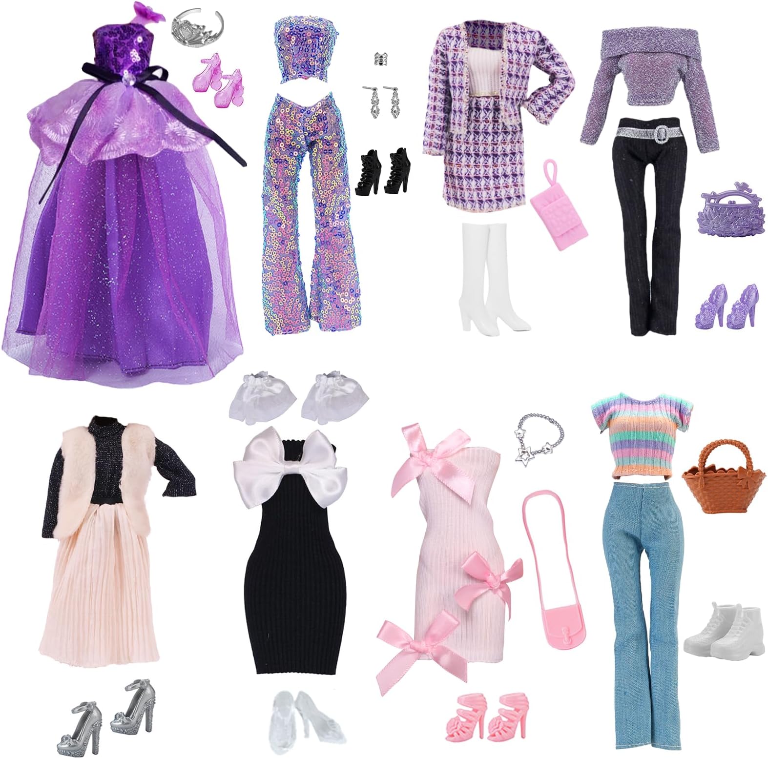 34 Pcs Clothes and Accessories Compatible with 11.5 Inch Girl Dolls, 8 Set Doll Clothes and Fashion Packs, 1 Princess Dress 1 Ballet Skirt 3 Elegant Skirts 7 Tops 3 Pants 8 Shoes 5 Bags 1 Crown