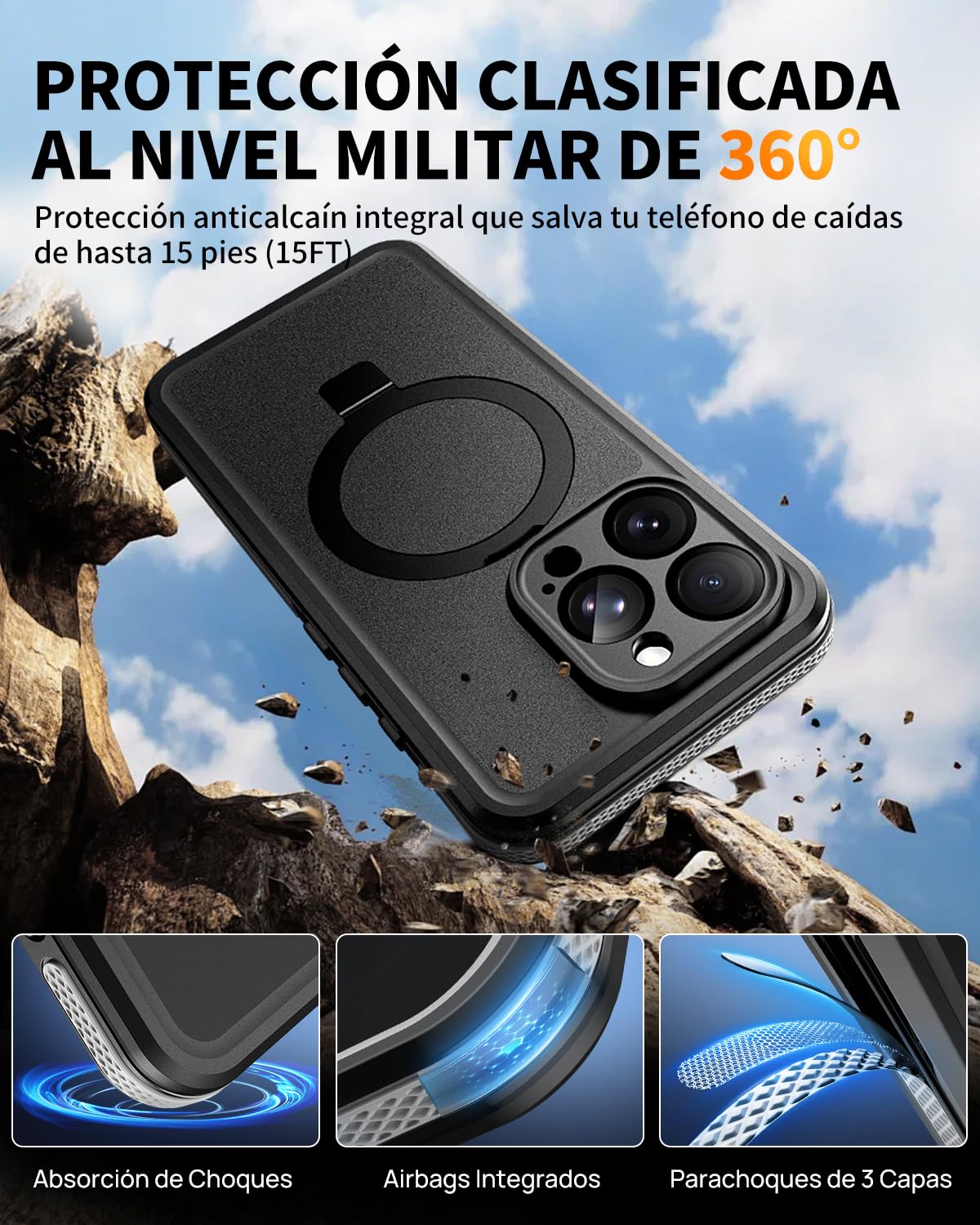 Funda para iPhone 16 Pro Impermeable con Soporte, IP68 Estanca Carcasa con MagSafe, 360° Protectora Antigolpes Antipolvo, Sumergible Acuatica Waterproof Case para iPhone 16 Pro, Negro