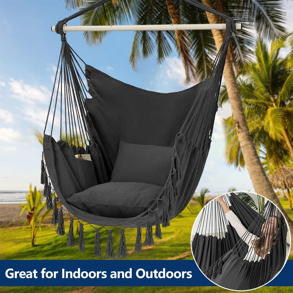 Hammock Chair,Hanging Swing Rope Swing Seat,Max 300 Lbs Side Pocket Tassel Sloft Bed Accessories,Suitable for Indoor and Outdoor Patios Yard (Dark Gray)