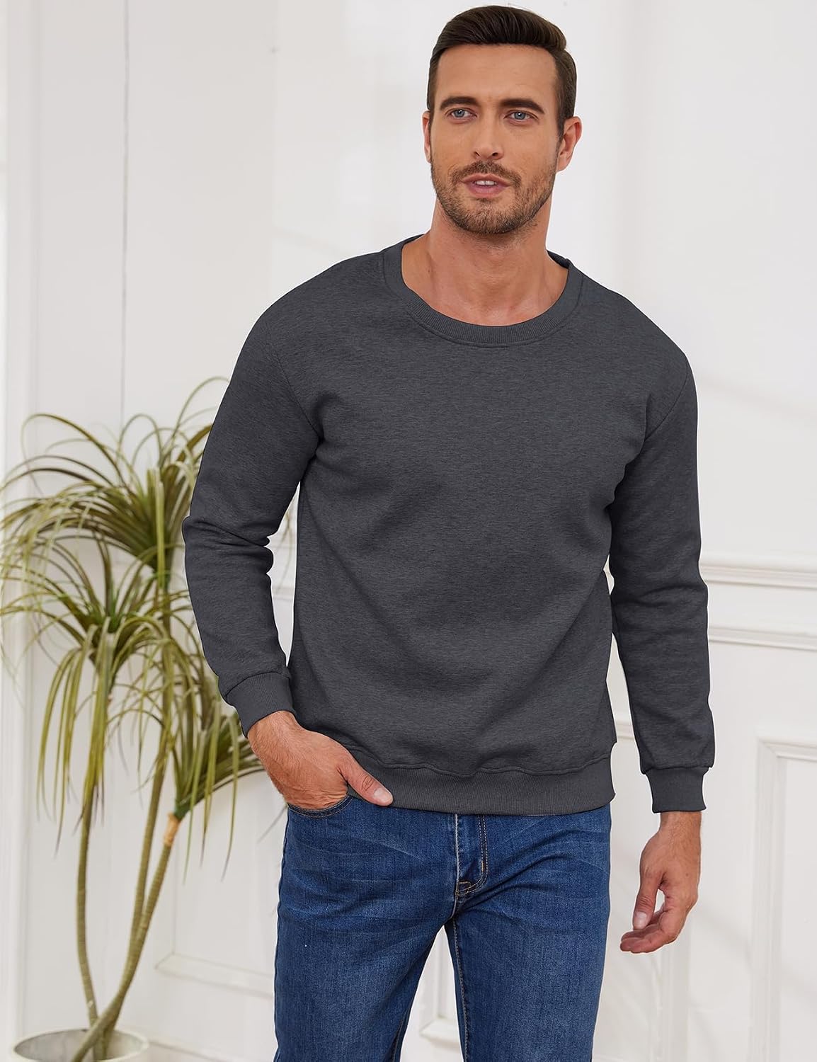 Gihuo Mens Sherpa Lined Sweatshirt Fleece Crewneck Sweatshirts Winter Warm Pullover