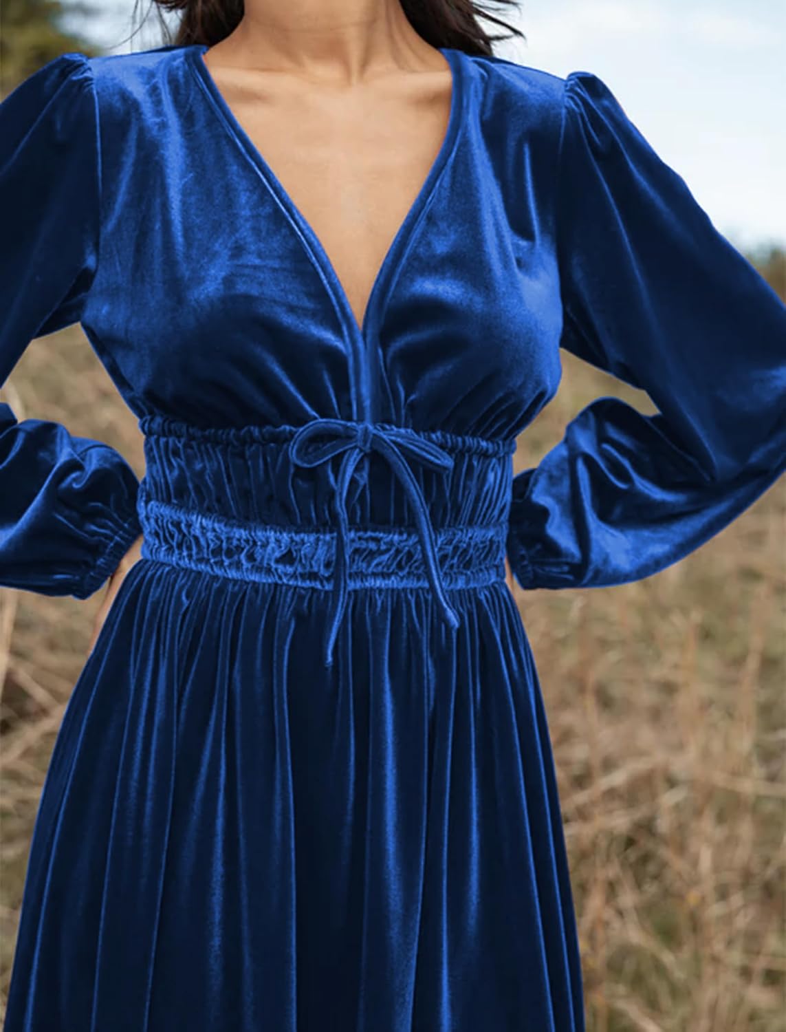 ZAFUL Womens Long Sleeve Velvet Dress 2025 Fall V Neck Holiday Cocktail Party Semi Formal Midi Dresses for Wedding Guest - Image 7