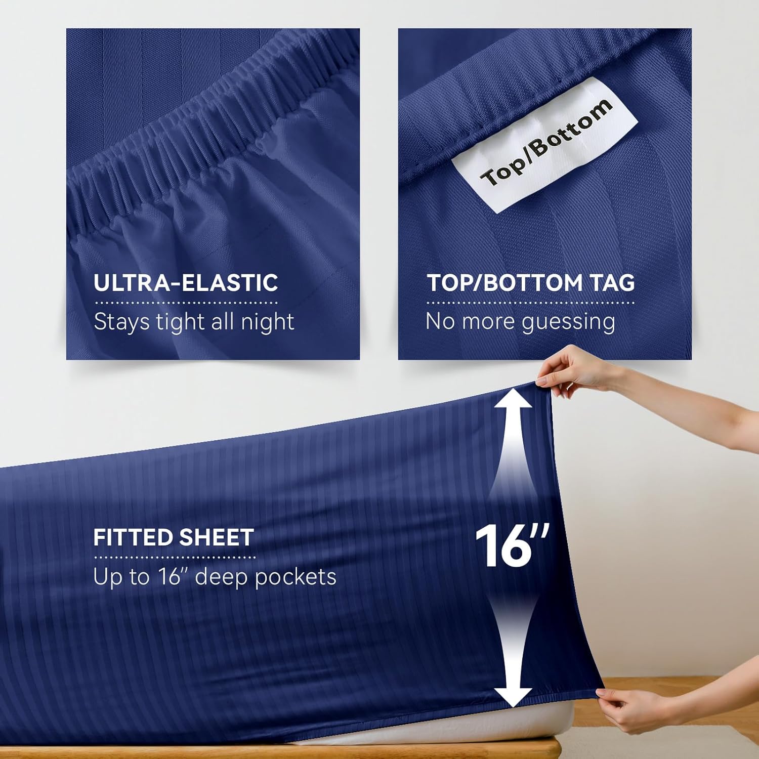 Queen Size Cooling Sheets Set, 4PC, 100% Viscose Derived from Bamboo, Ultra-Soft, Silky Cooling Sheets for Hot Sleepers, Deep Pockets, Double Stitching (Queen, Jacquard Navy)