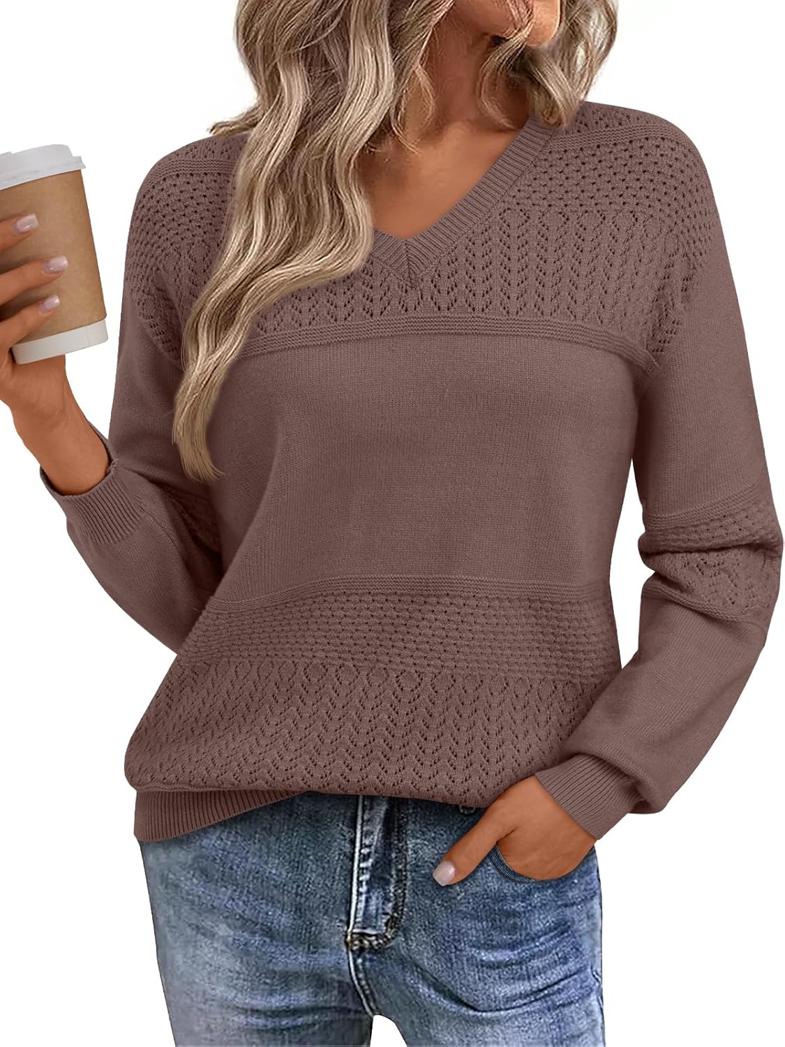 LILLUSORY Women’s Hollowed-Out V Neck Sweater Business Casual Pullover Tops
