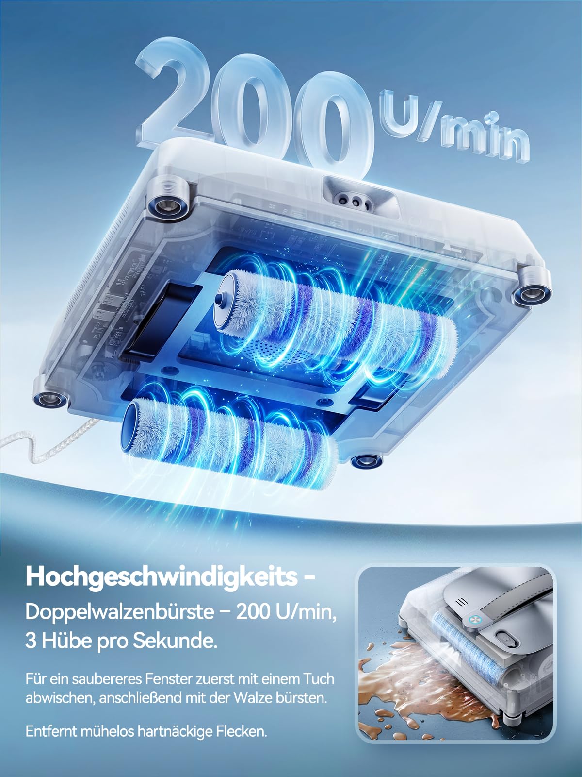 Keero Fensterputzroboter 2026 Upgrade 6Gen mit Doppelwalzenbürste, Vier Eckbürsten, 9000Pa, 6 Düsen, 110ml Wassertank, Intelligente Navigation, Reinigungsfrequenz variabel, Absturzsicherung
