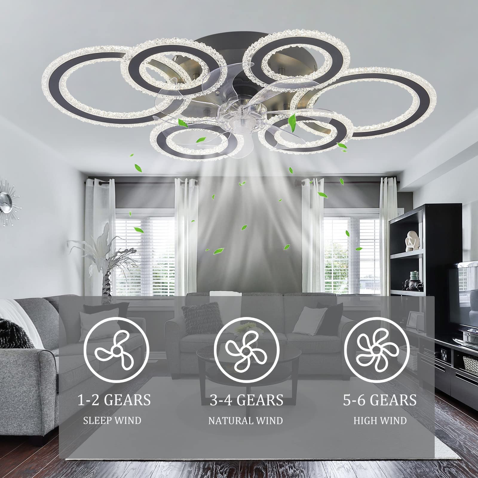 Ventilatore Da Soffitto Con Luce LED YUNZI - Design A Doppio Cerchio, Telecomando, 6 Velocità, Silenzioso, Bianco