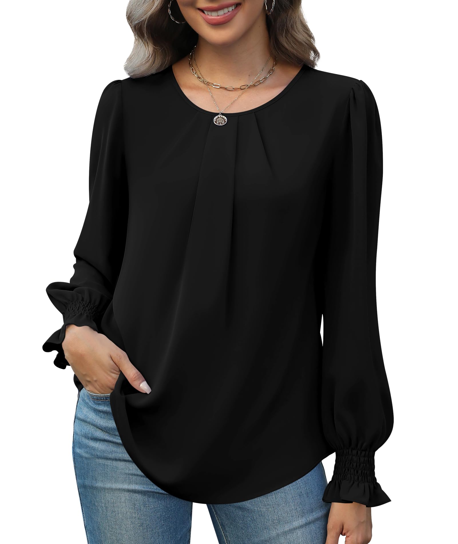 Funlingo Womens Tops Dressy Casual Smocked Long Sleeve Shirts Pleated Crew Neck Loose Chiffon Blouses Fall 2025