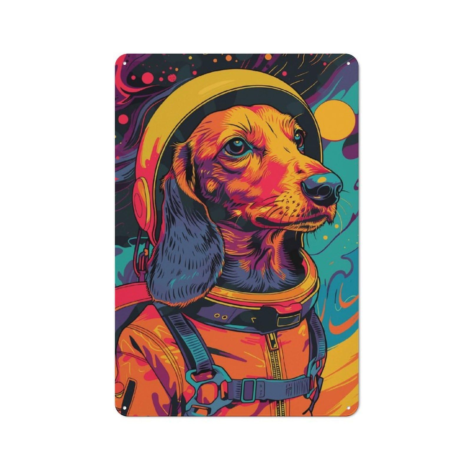 Junmoney Astronaut Dachshund Space Printed Metal Sign 30X20cm For Living Room Or Hallway, For Home Wall Decor Collectors