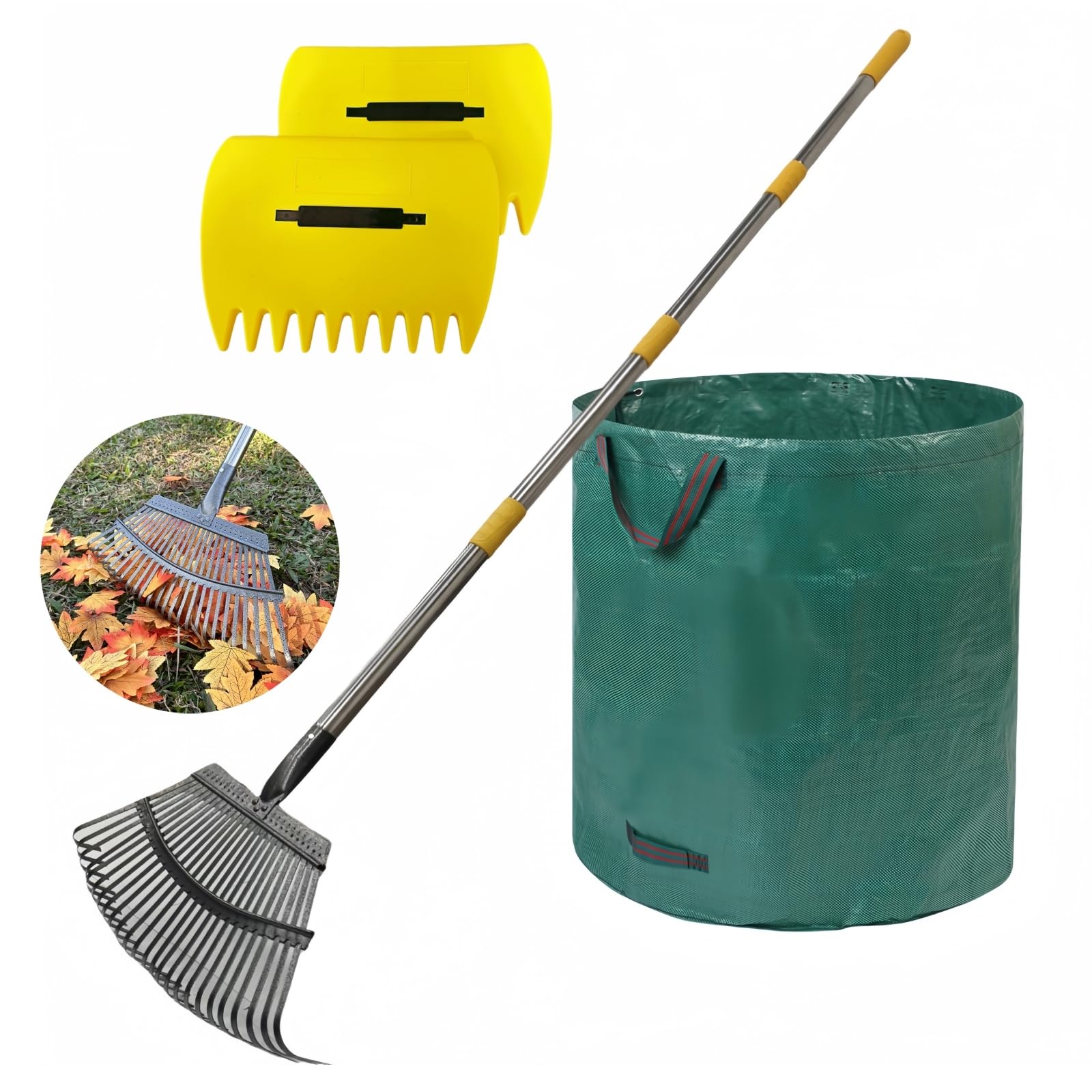Rastrillo de jardín de 68 pulgadas para hojas, rastrillo de hojas de metal ajustable para césped, resistente, viene con cucharas de hojas grandes, rastrillos de mano de 16 galones, rastrillo