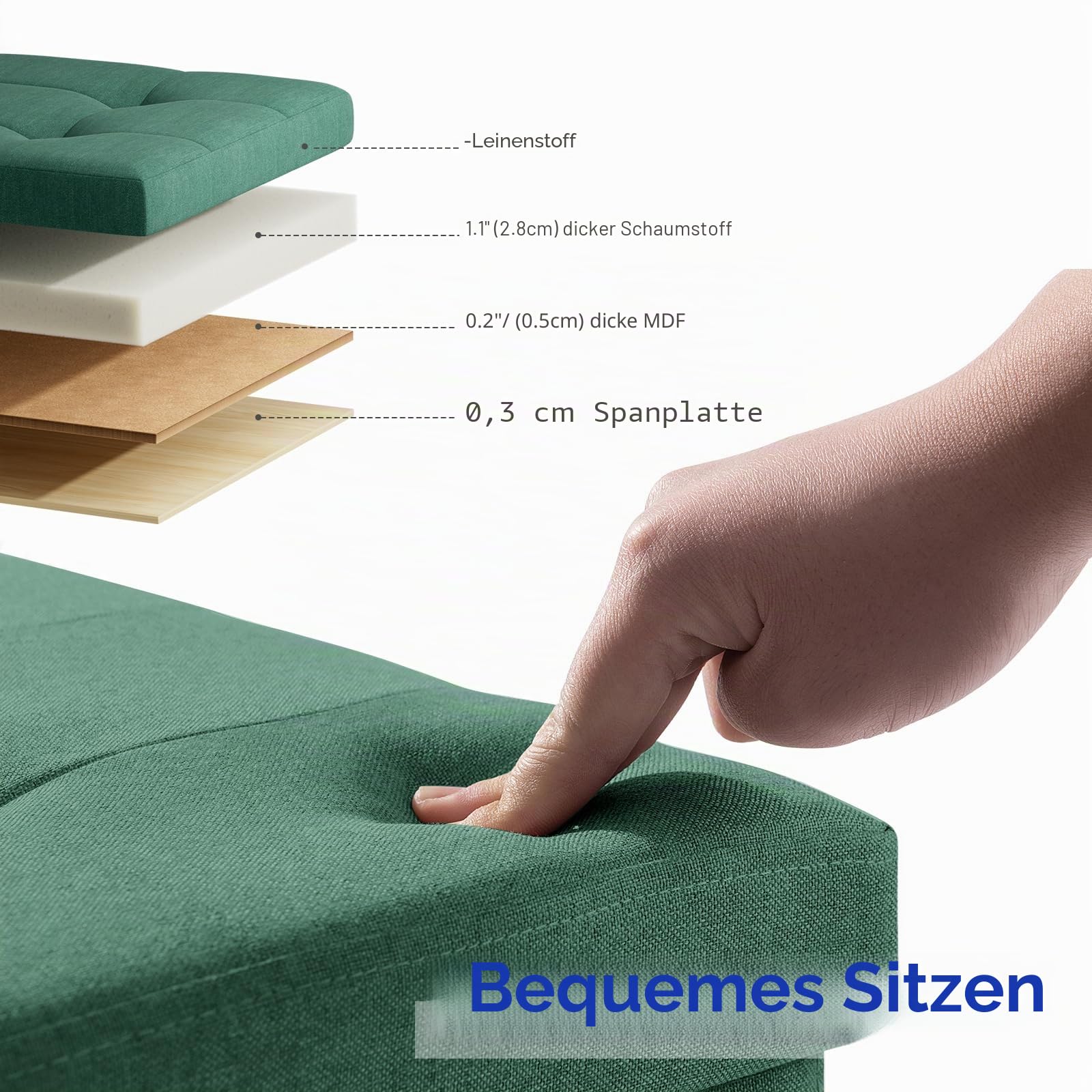 BRIAN & DANY Ottoman-Aufbewahrungsbox mit 4 Holzbeinen, Leinen-Aufbewahrungs-Ottoman für Wohnzimmer, Dunkelgrün, 76x38x38 cm