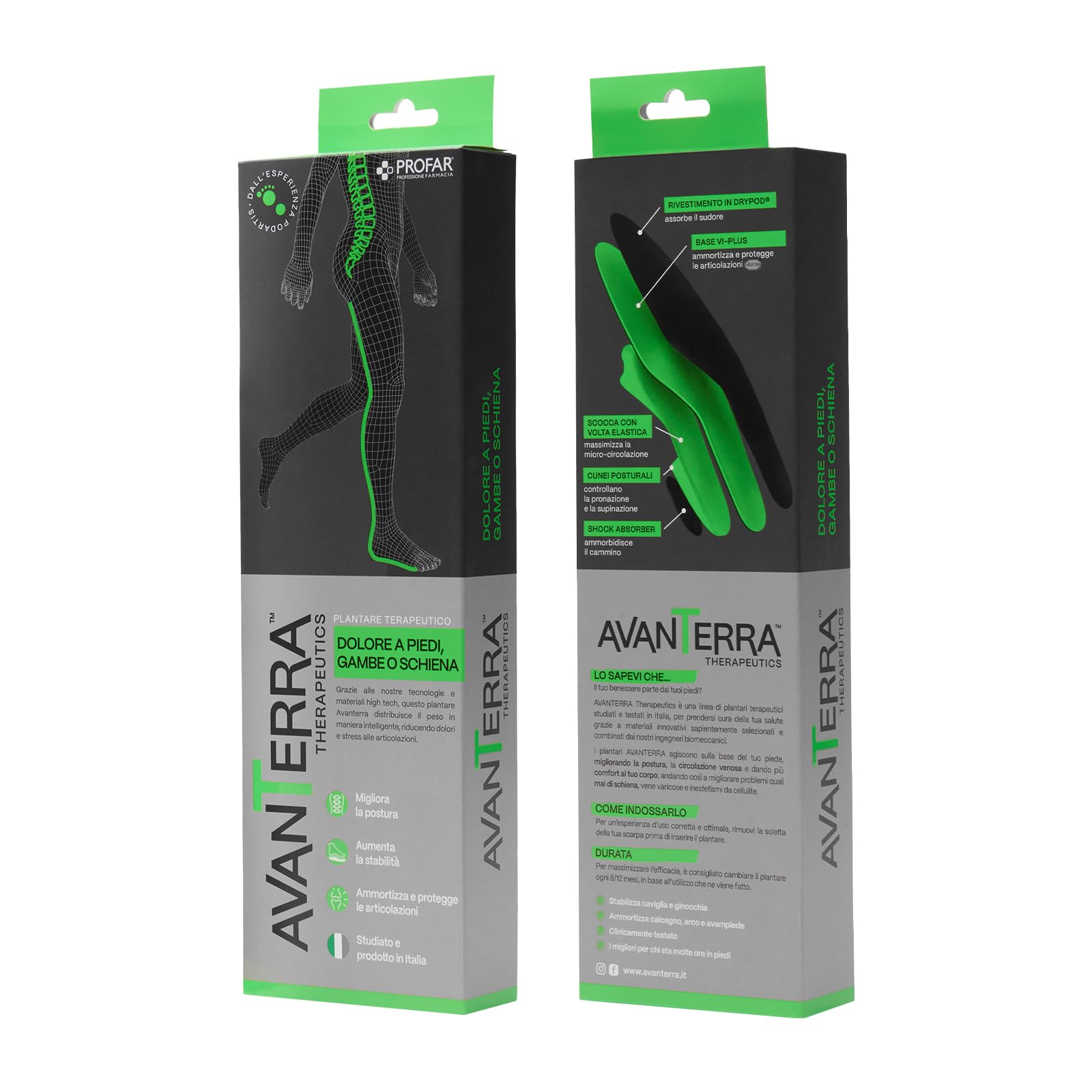 Avanterra Plantare Dolore Long Verde, Terapeutico Anti-Dolore Made in Italy con Drypod Assorbi sudore, Sollievo per Piedi, Gambe, Schiena, Tallonite e Aiuta la Postura. Comfort Tutto il Giorno (43/44)